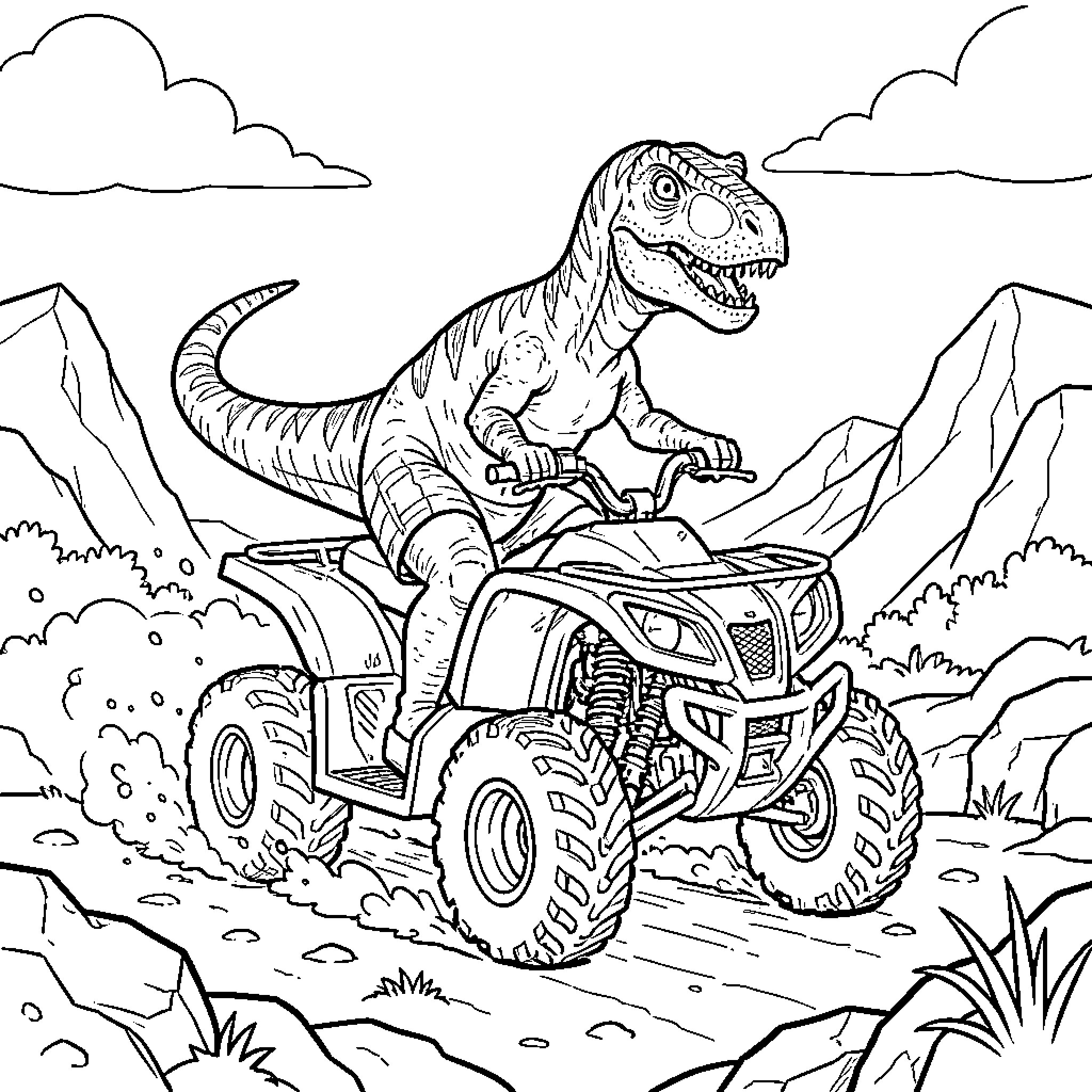 Dinosaur riding an ATV through a mountain landscape Coloring Page (free black-and-white line drawing printable PDF for all, from beginners to advanced learners, including children, teens, adults, and seniors)