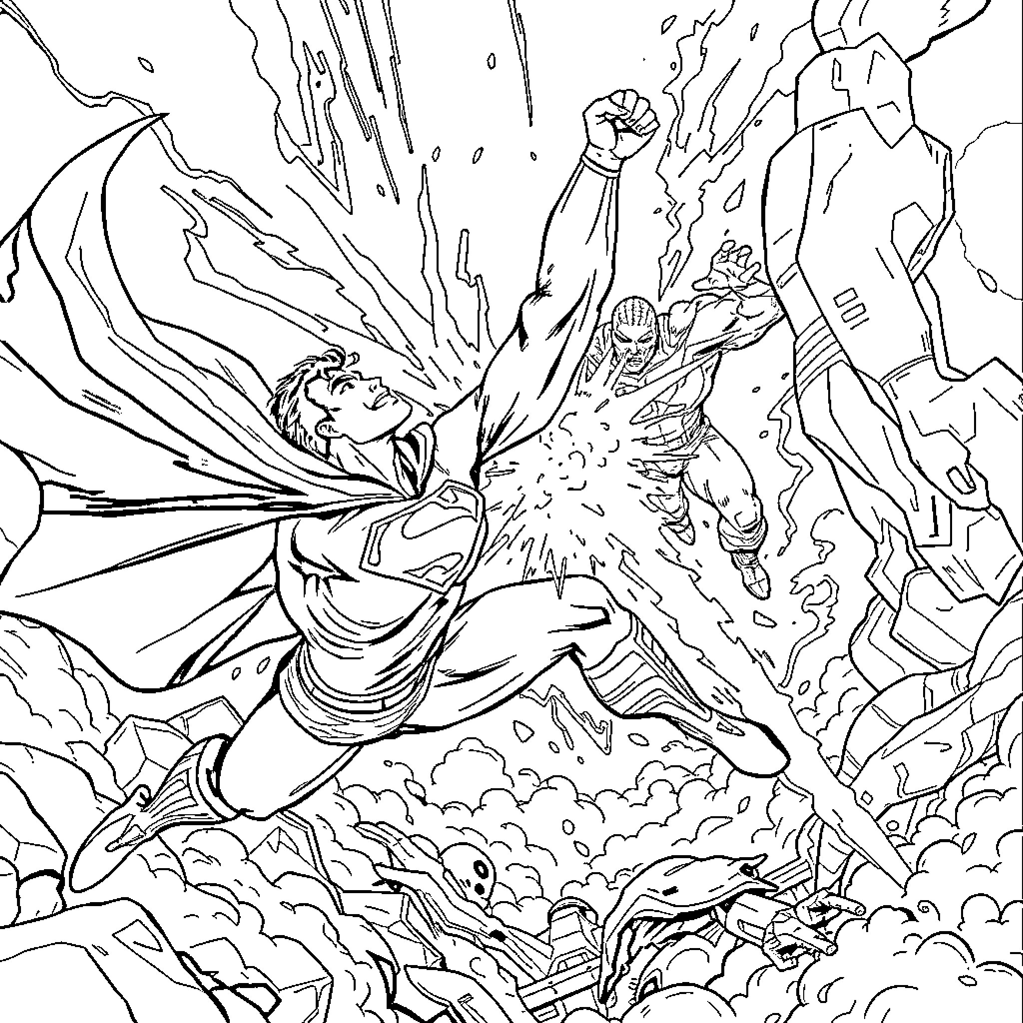 Superman unleashing powerful energy blast against enemies Coloring Page (free black-and-white line drawing printable PDF for all, from beginners to advanced learners, including children, teens, adults, and seniors)
