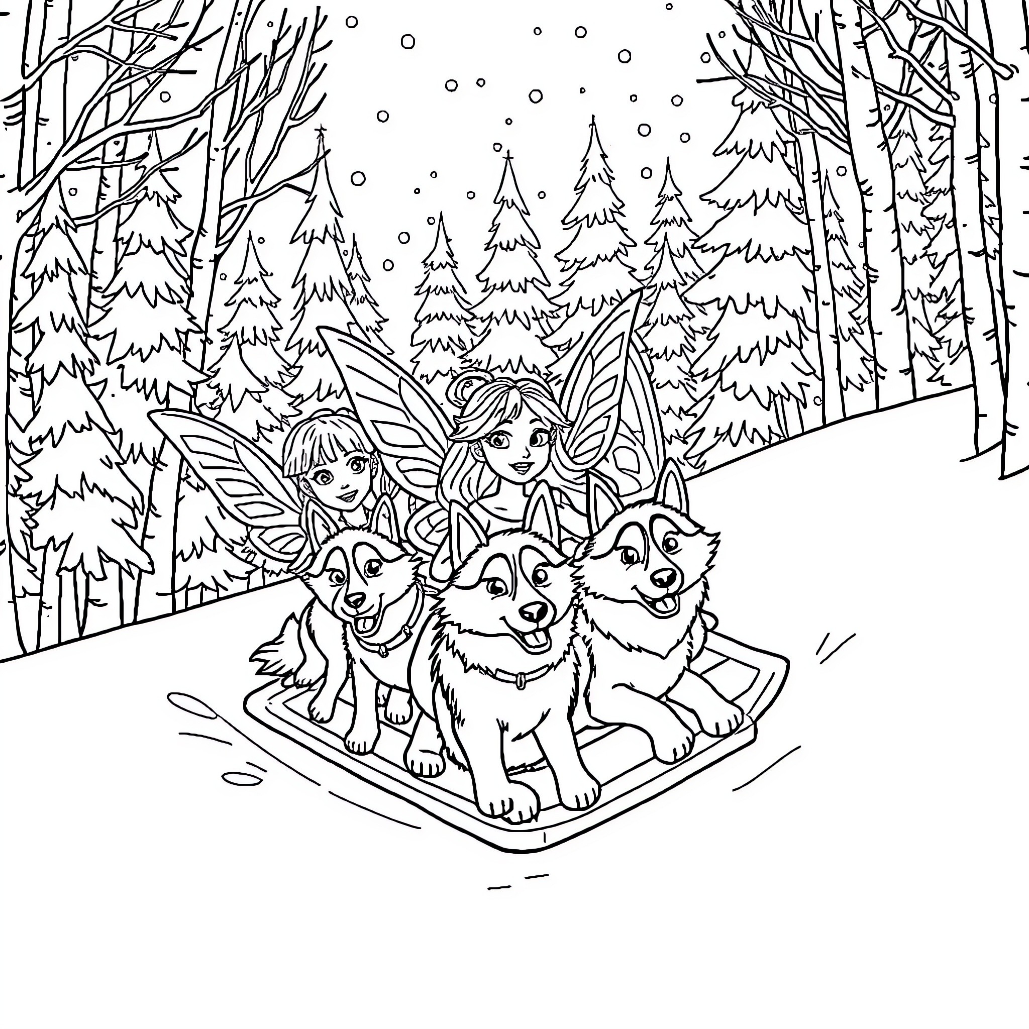 Fairy friends explore snowy winter wonderland Coloring Page (free black-and-white line drawing printable PDF for all, from beginners to advanced learners, including children, teens, adults, and seniors)