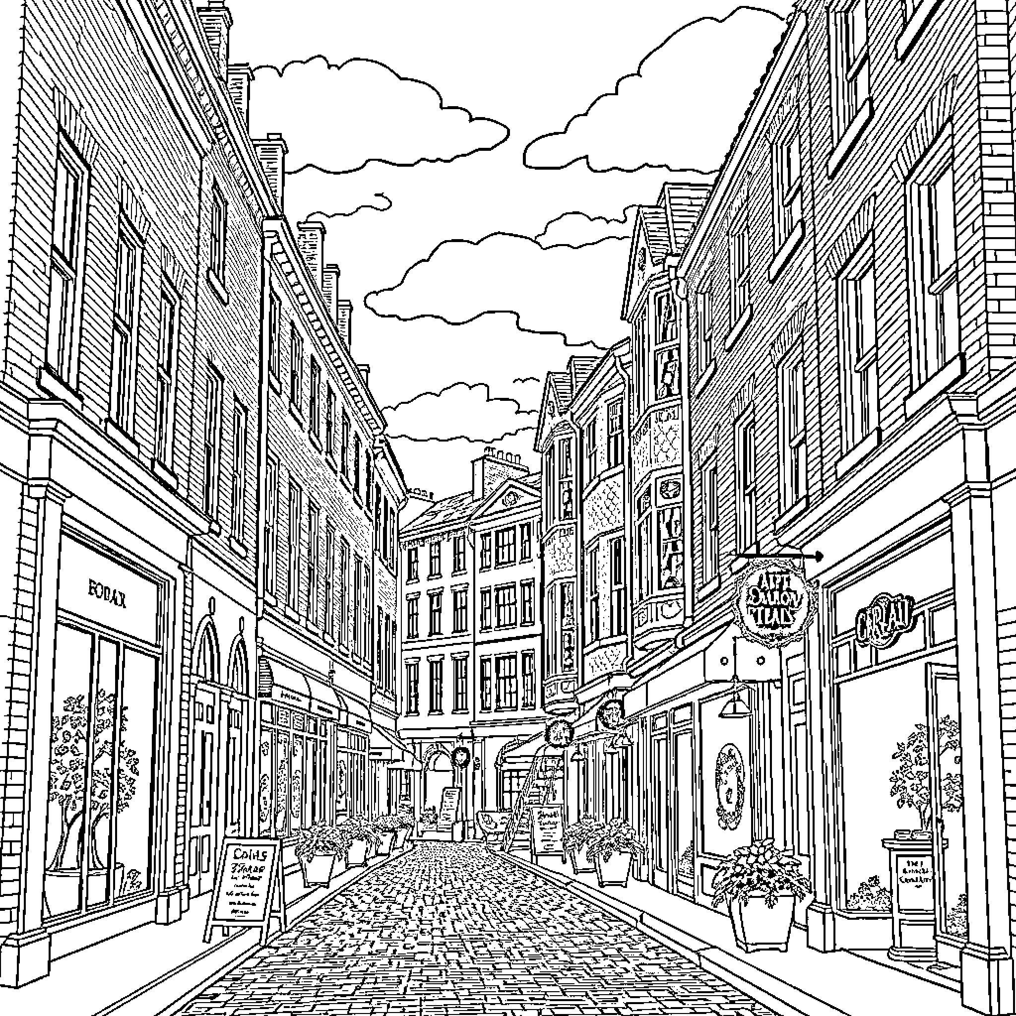 Street Scene with Buildings, Shops, and Pedestrians Coloring Page (free black-and-white line drawing printable PDF for all, from beginners to advanced learners, including children, teens, adults, and seniors)