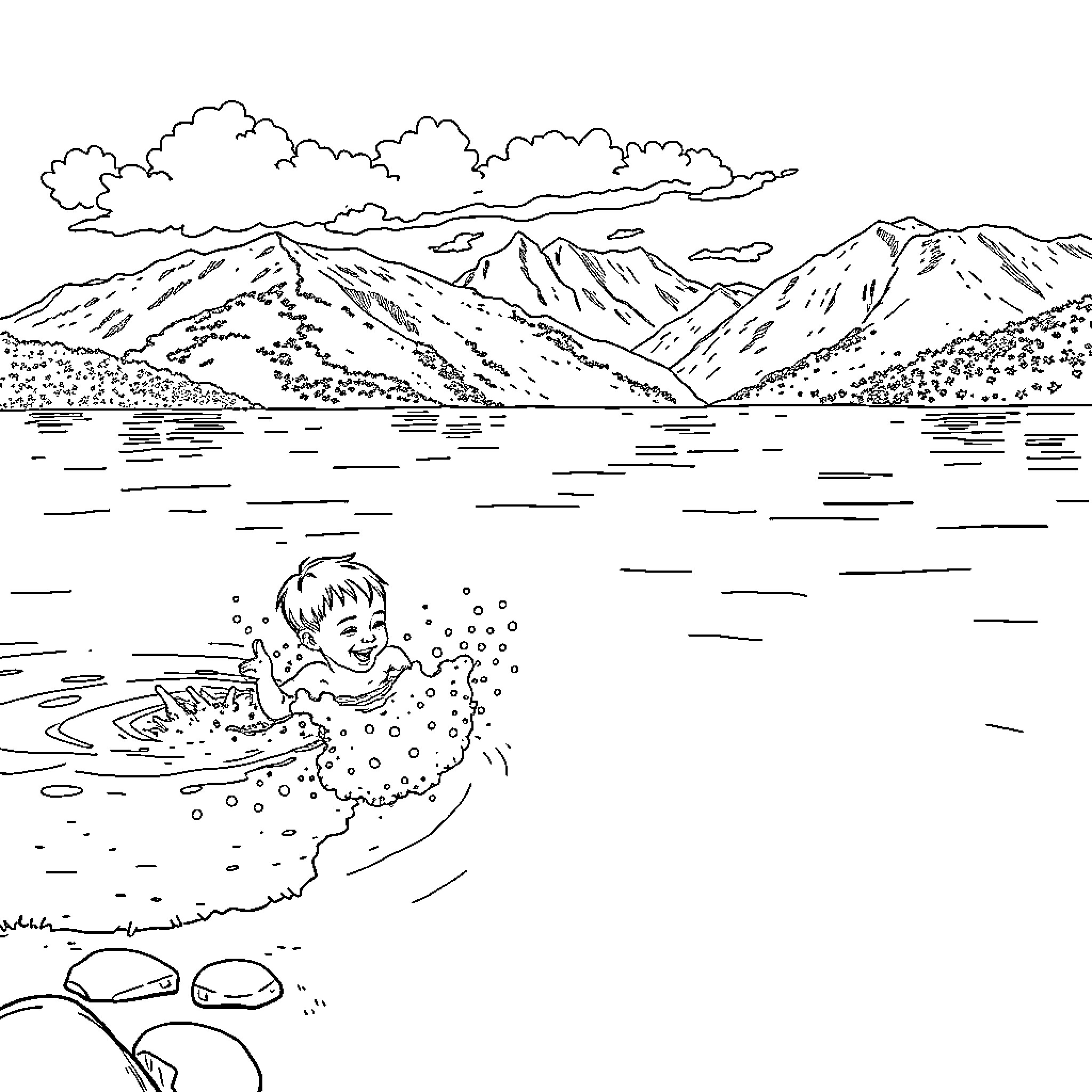 Boy swimming joyfully in mountain lake Coloring Page (free black-and-white line drawing printable PDF for all, from beginners to advanced learners, including children, teens, adults, and seniors)