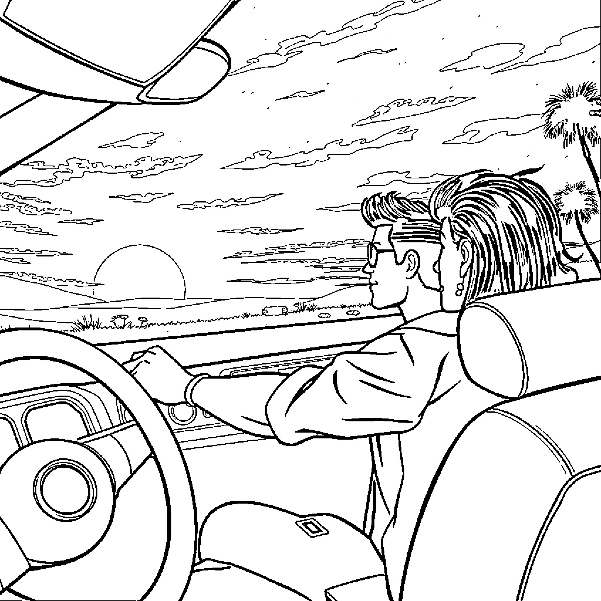 Ken driving convertible through scenic landscape Coloring Page (free black-and-white line drawing printable PDF for all, from beginners to advanced learners, including children, teens, adults, and seniors)