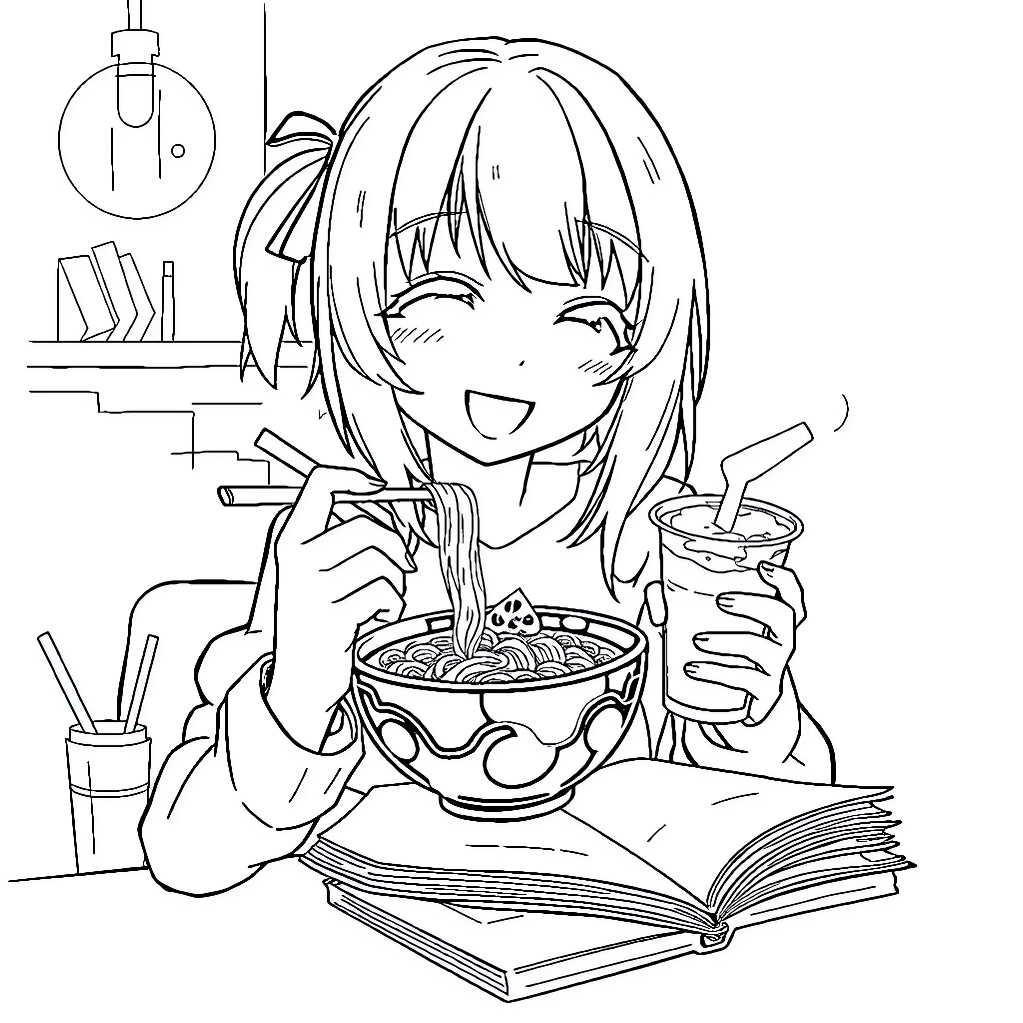 Anime Girl Enjoys a Meal and Book Coloring Page (free black-and-white line drawing printable PDF for all, from beginners to advanced learners, including children, teens, adults, and seniors)