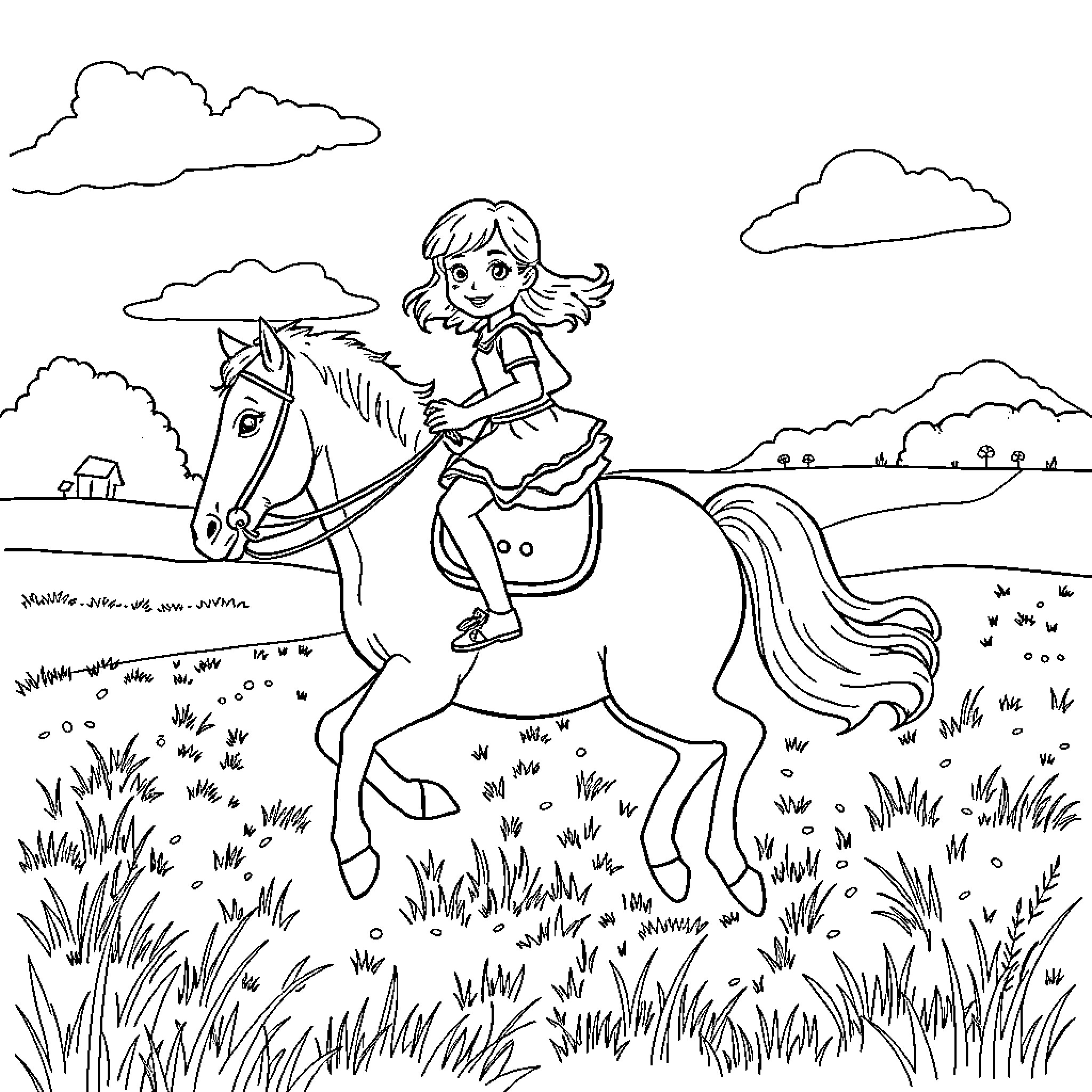 Girl Riding Playful Horse Through Grassy Field Coloring Page (free black-and-white line drawing printable PDF for all, from beginners to advanced learners, including children, teens, adults, and seniors)