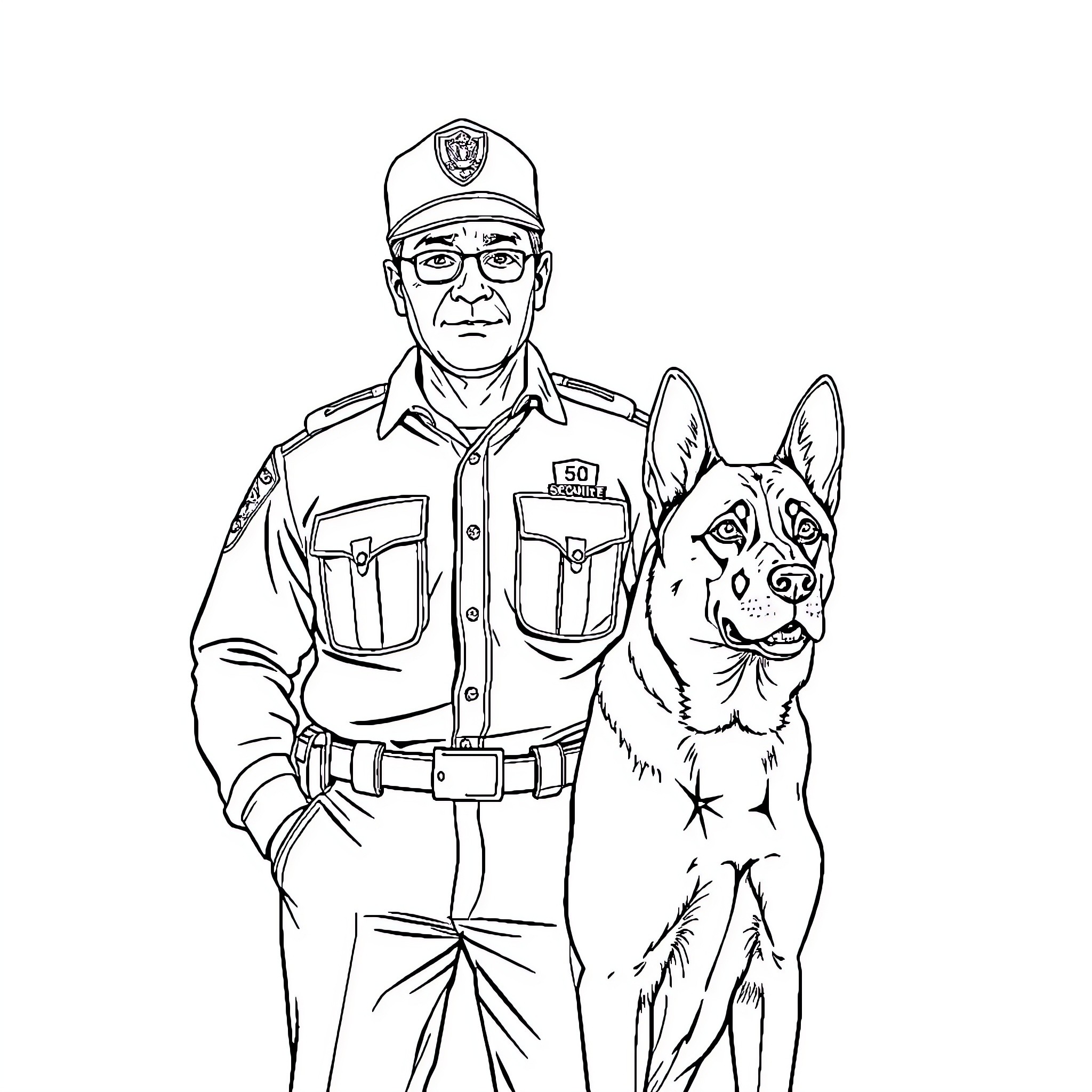Man in uniform with K-9 partner Coloring Page (free black-and-white line drawing printable PDF for all, from beginners to advanced learners, including children, teens, adults, and seniors)