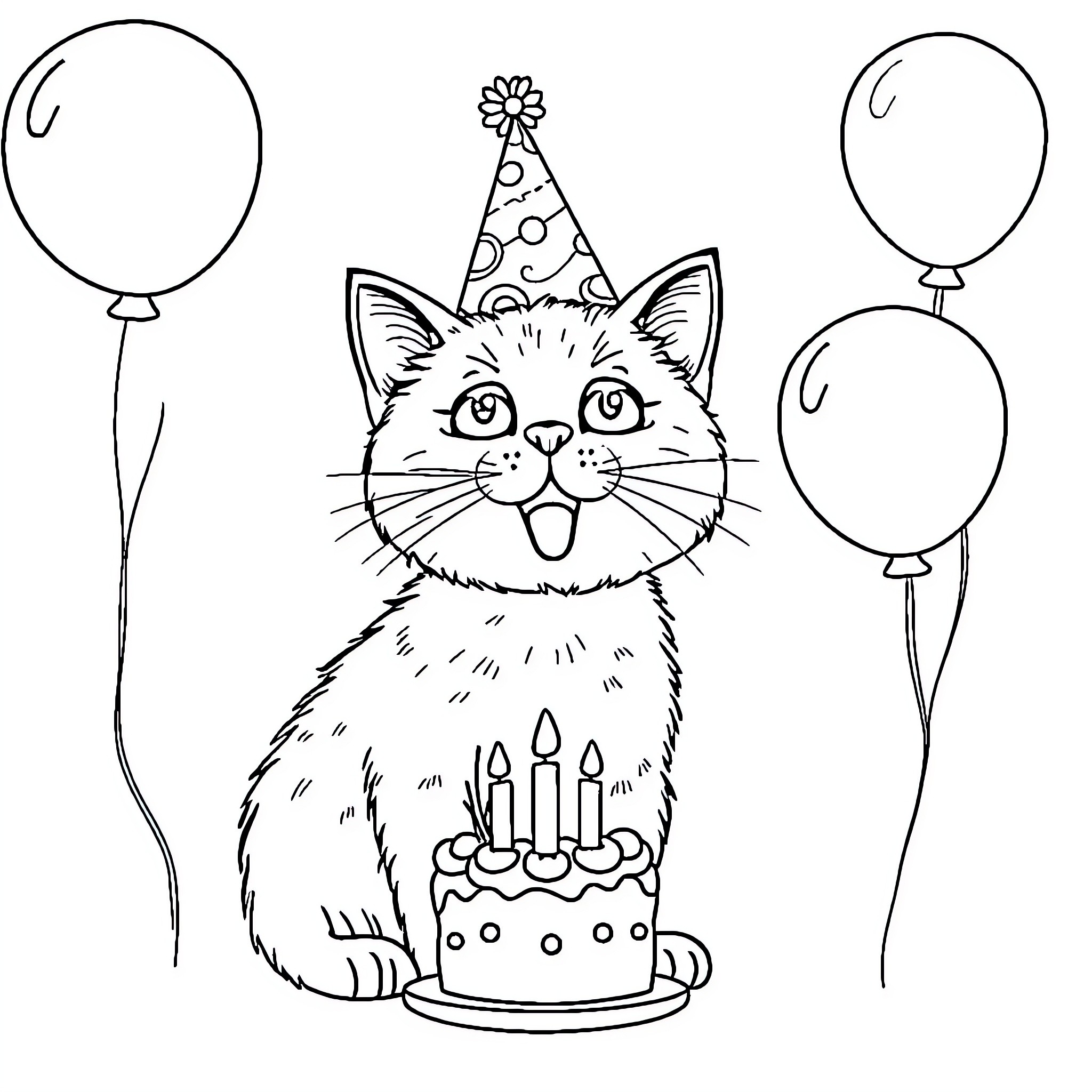 Cat celebrates birthday with cake and balloons Coloring Page (free black-and-white line drawing printable PDF for all, from beginners to advanced learners, including children, teens, adults, and seniors)
