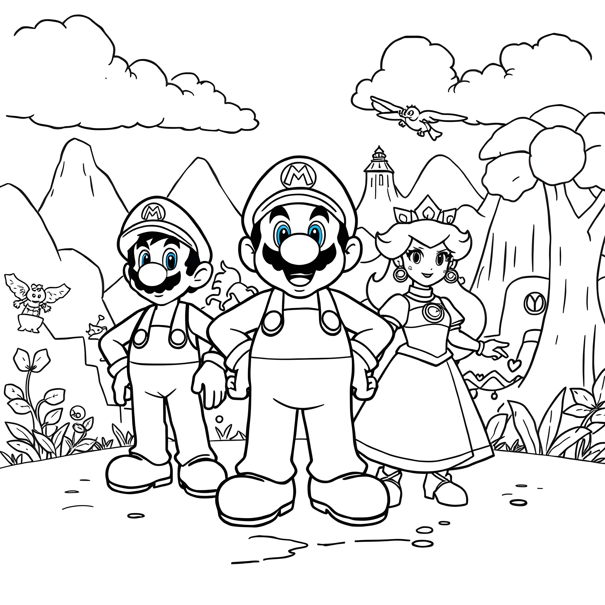 Super Mario and friends on a mountain adventure Coloring Page (free black-and-white line drawing printable PDF for all, from beginners to advanced learners, including children, teens, adults, and seniors)