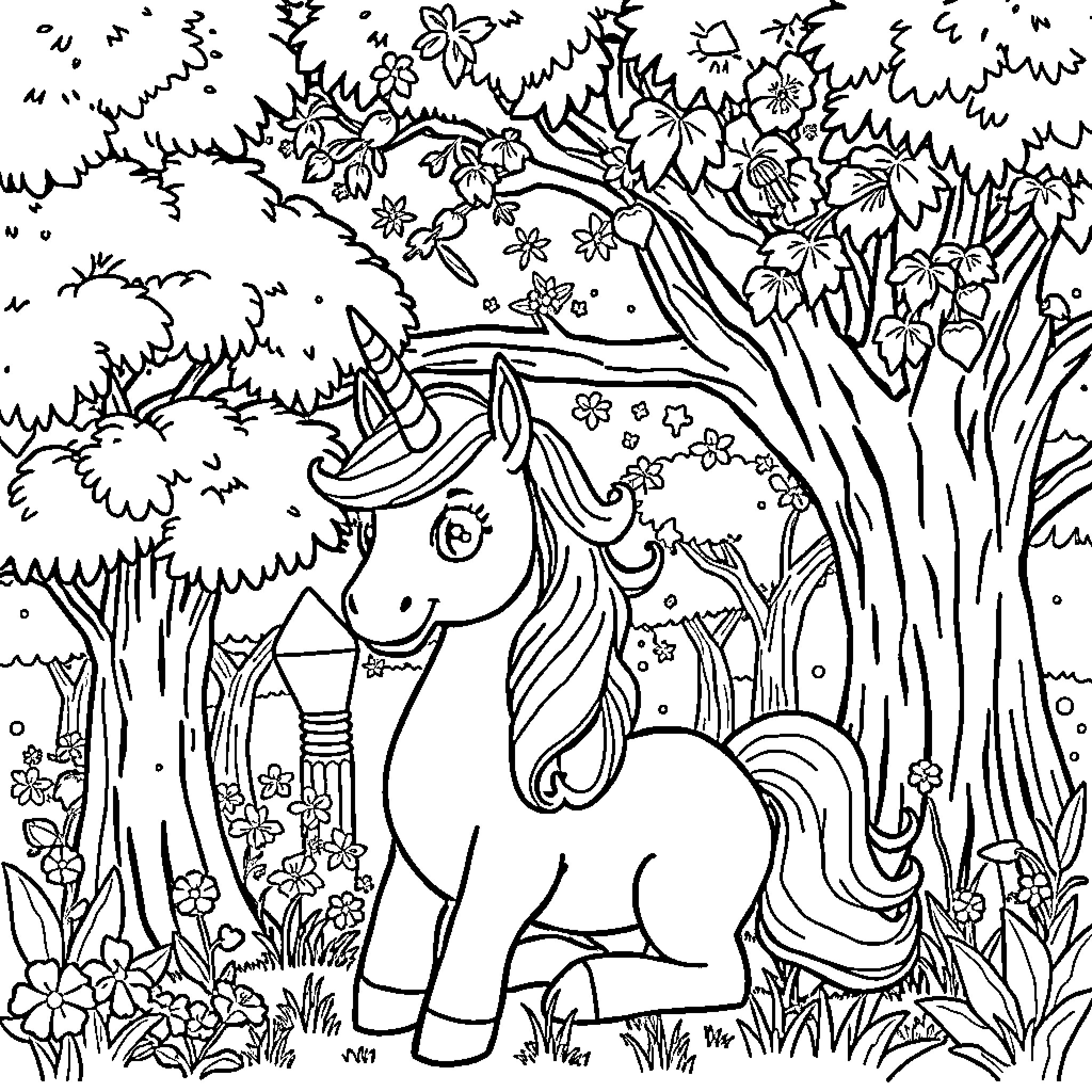Unicorn in a Magical Forest Coloring Page (free black-and-white line drawing printable PDF for all, from beginners to advanced learners, including children, teens, adults, and seniors)