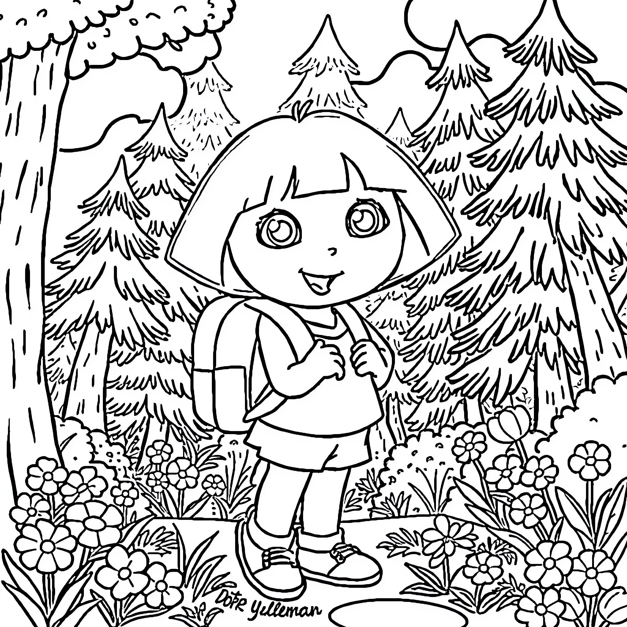 Dora's Adventure in the Enchanted Forest Coloring Page (free black-and-white line drawing printable PDF for all, from beginners to advanced learners, including children, teens, adults, and seniors)