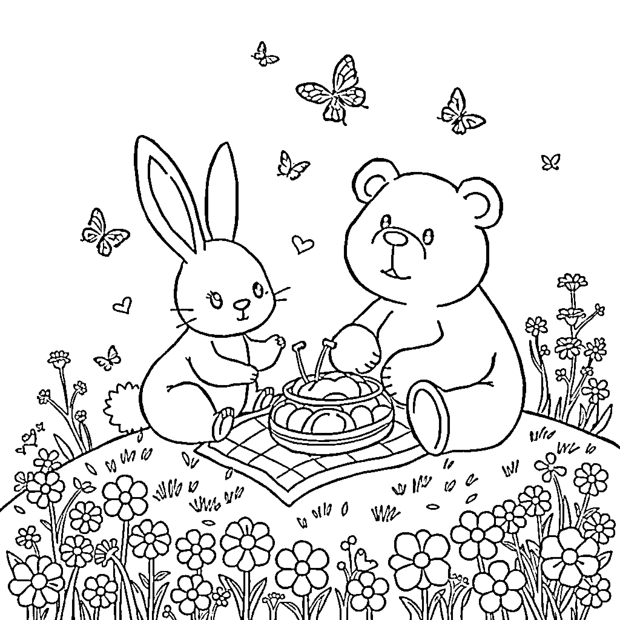 Bunny and Bear Picnicking in Floral Meadow Coloring Page (free black-and-white line drawing printable PDF for all, from beginners to advanced learners, including children, teens, adults, and seniors)