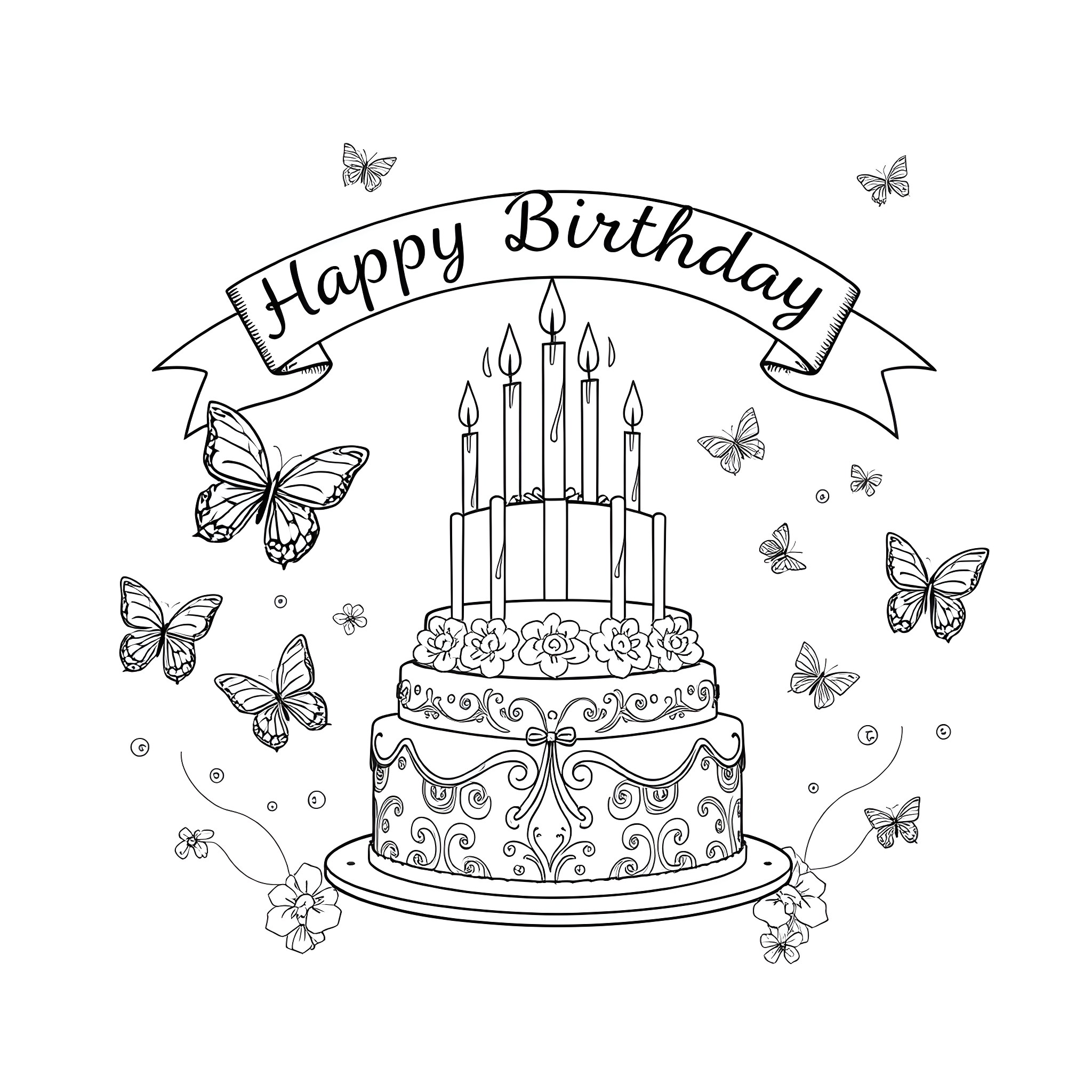 Butterfly Birthday Cake with Candles and Butterflies Coloring Page (free black-and-white line drawing printable PDF for all, from beginners to advanced learners, including children, teens, adults, and seniors)