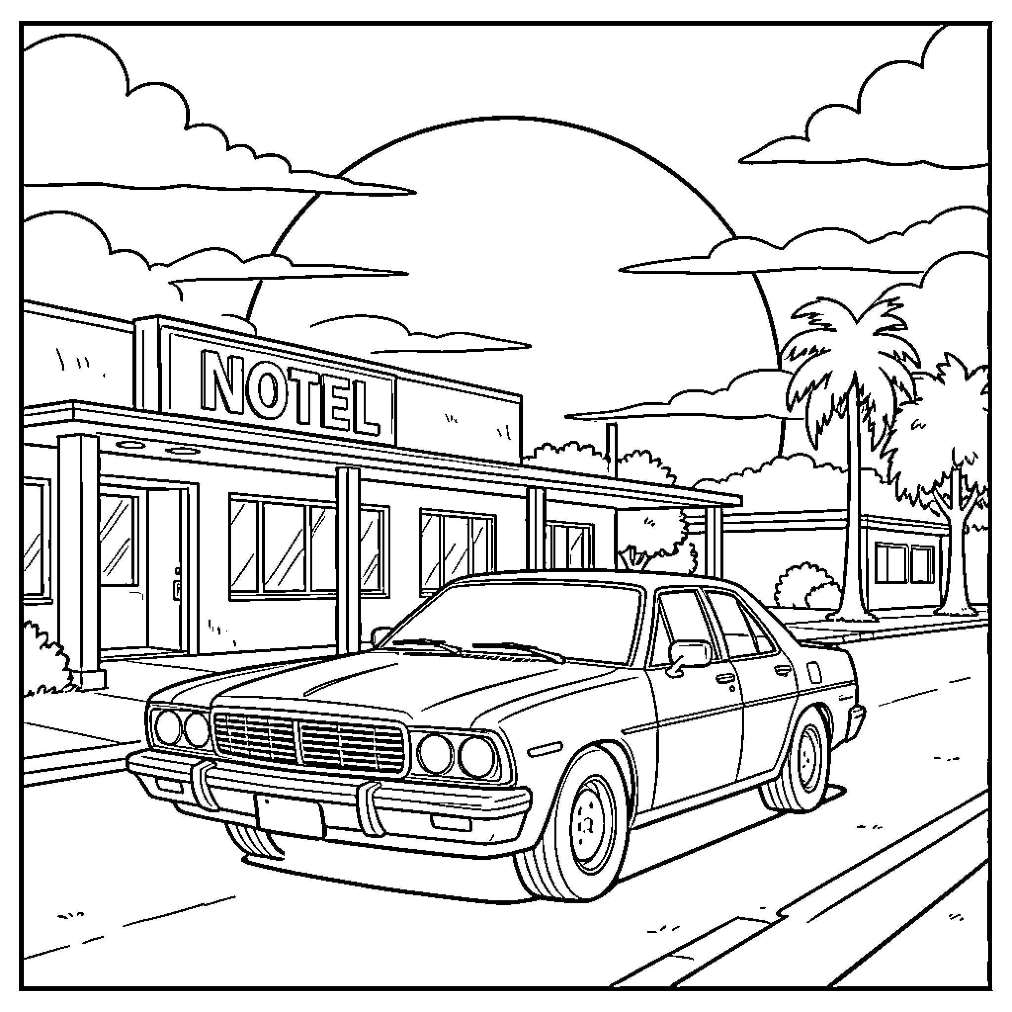 Car parked in front of a roadside motel Coloring Page (free black-and-white line drawing printable PDF for all, from beginners to advanced learners, including children, teens, adults, and seniors)