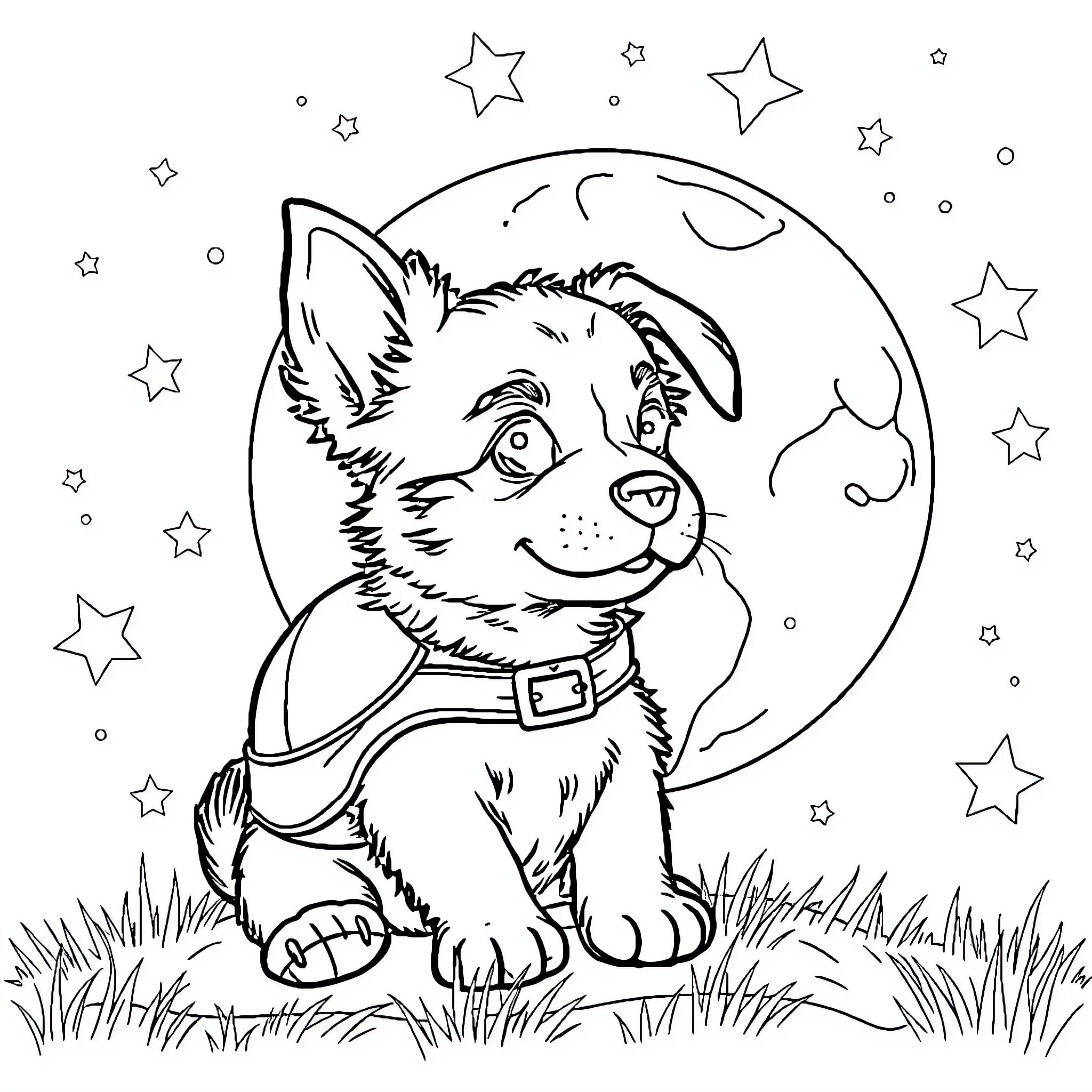 Dog gazing at the starry night sky Coloring Page (free black-and-white line drawing printable PDF for all, from beginners to advanced learners, including children, teens, adults, and seniors)