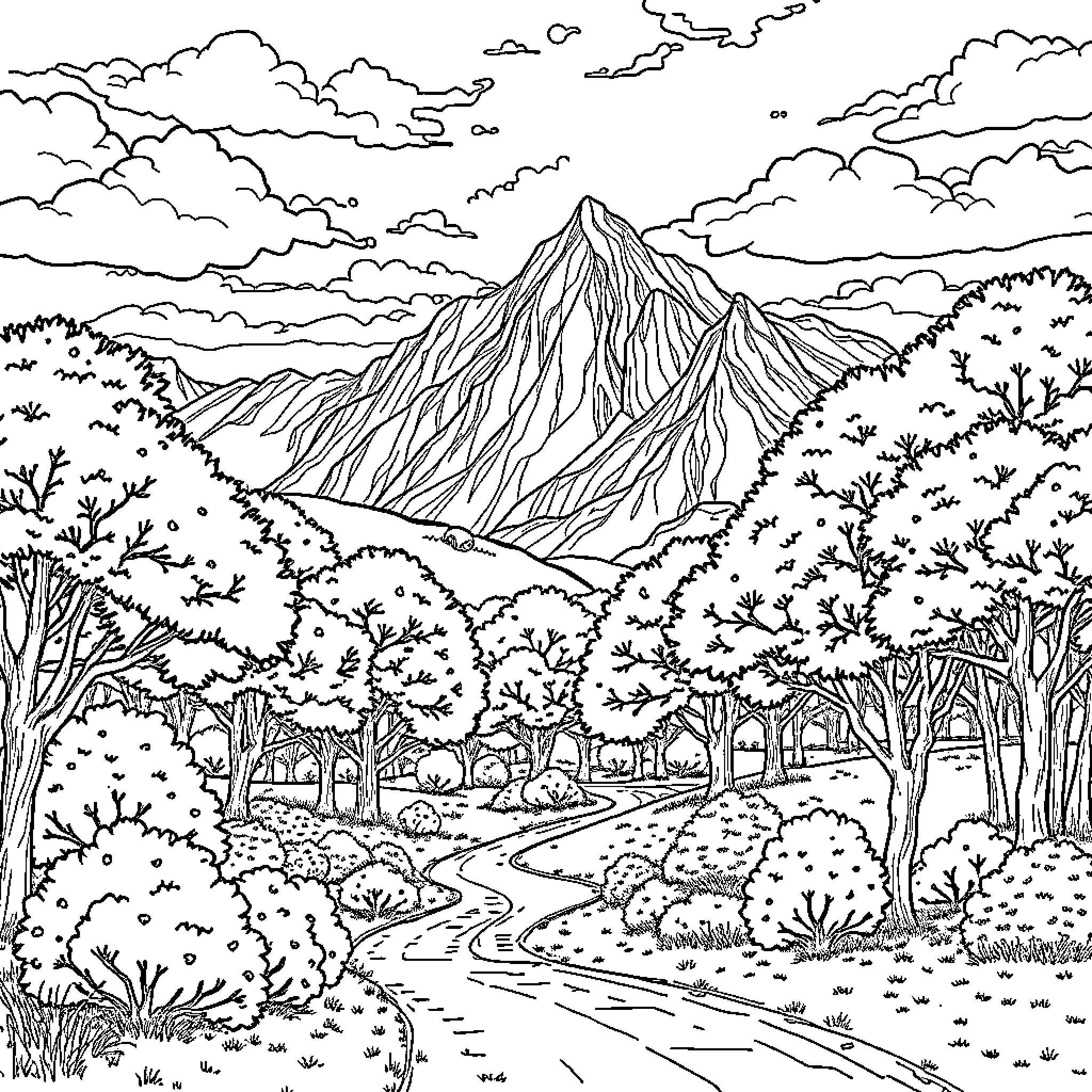 Lion resting on a serene mountain landscape Coloring Page (free black-and-white line drawing printable PDF for all, from beginners to advanced learners, including children, teens, adults, and seniors)