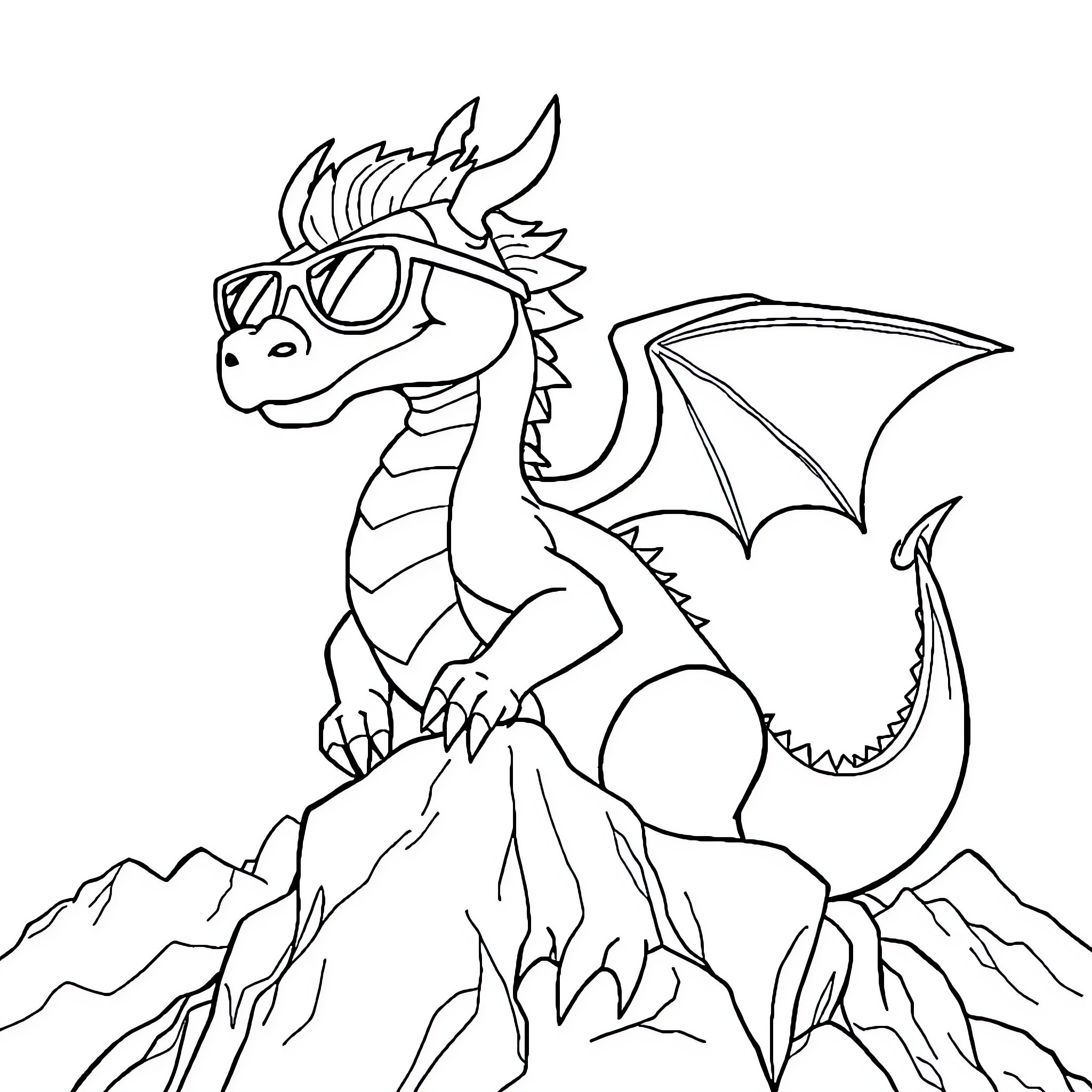 Dragon soaring over majestic mountains Coloring Page (free black-and-white line drawing printable PDF for all, from beginners to advanced learners, including children, teens, adults, and seniors)