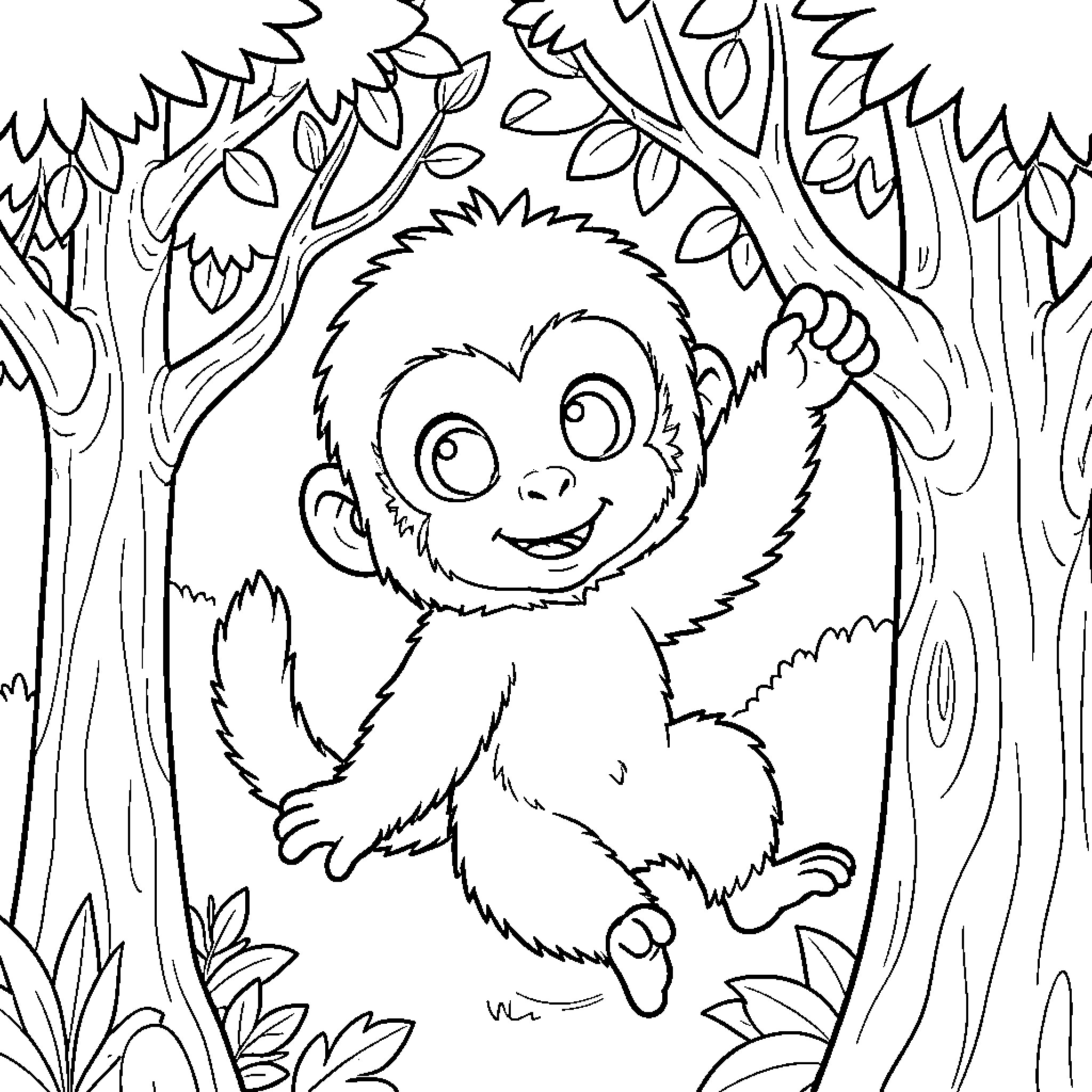 Monkey playing in the forest Coloring Page (free black-and-white line drawing printable PDF for all, from beginners to advanced learners, including children, teens, adults, and seniors)
