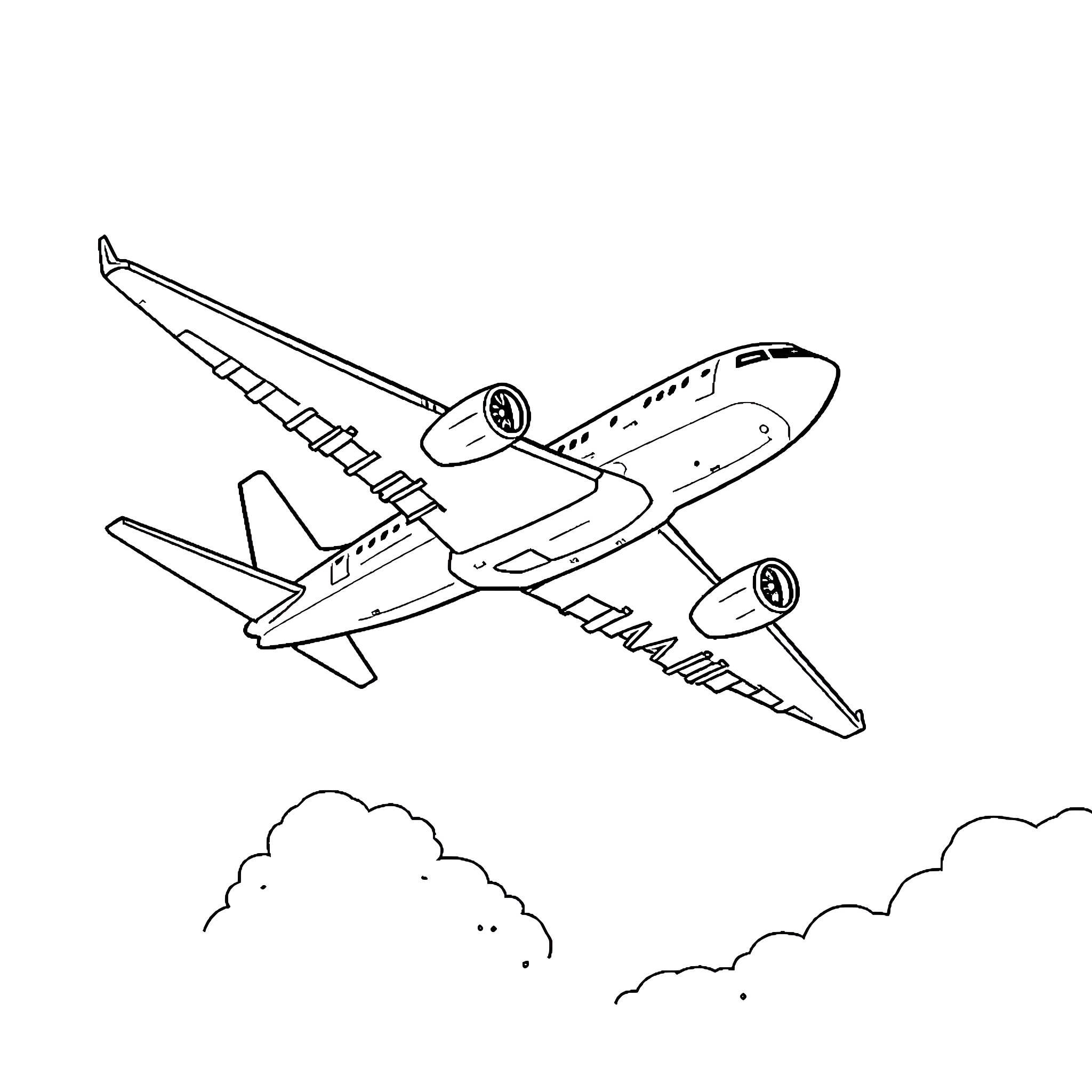Airplane soaring through cloudy skies Coloring Page (free black-and-white line drawing printable PDF for all, from beginners to advanced learners, including children, teens, adults, and seniors)