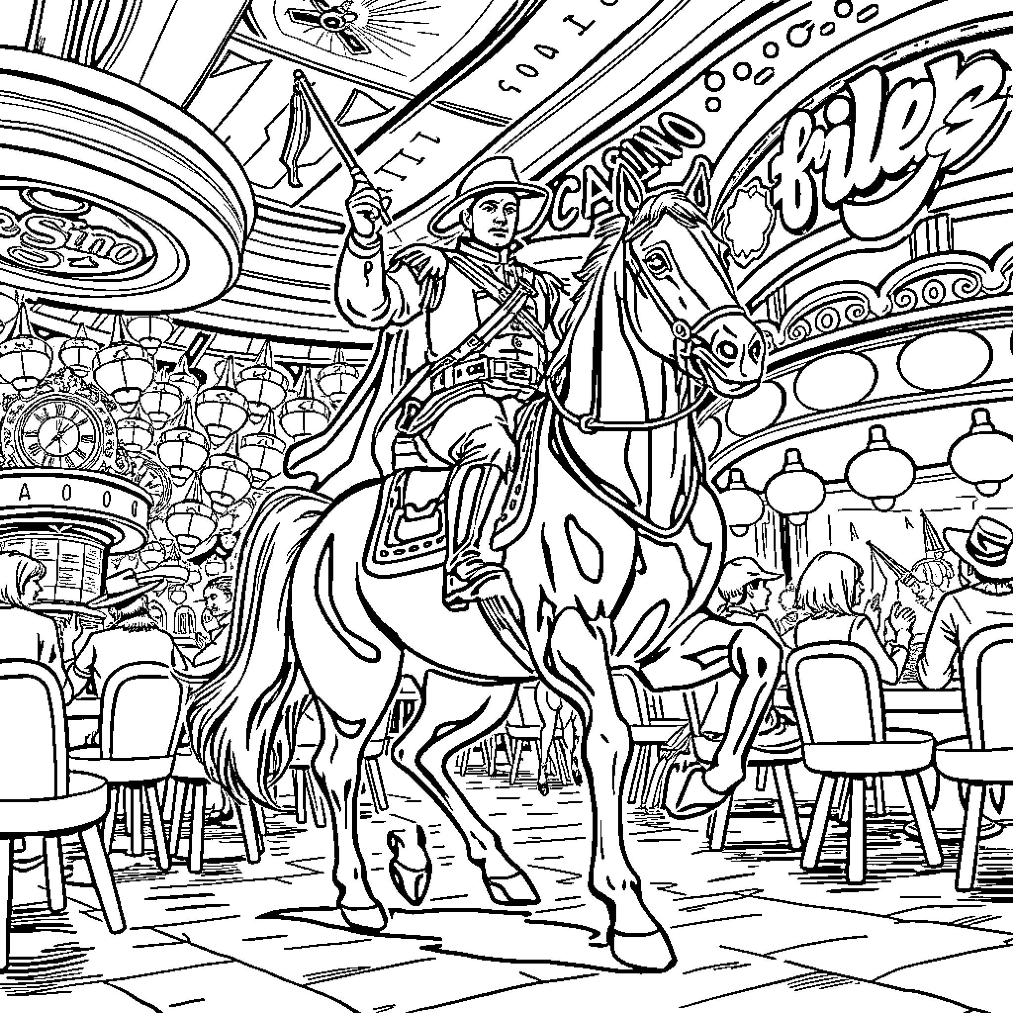 Horse and Rider in Carnival Celebration Coloring Page (free black-and-white line drawing printable PDF for all, from beginners to advanced learners, including children, teens, adults, and seniors)