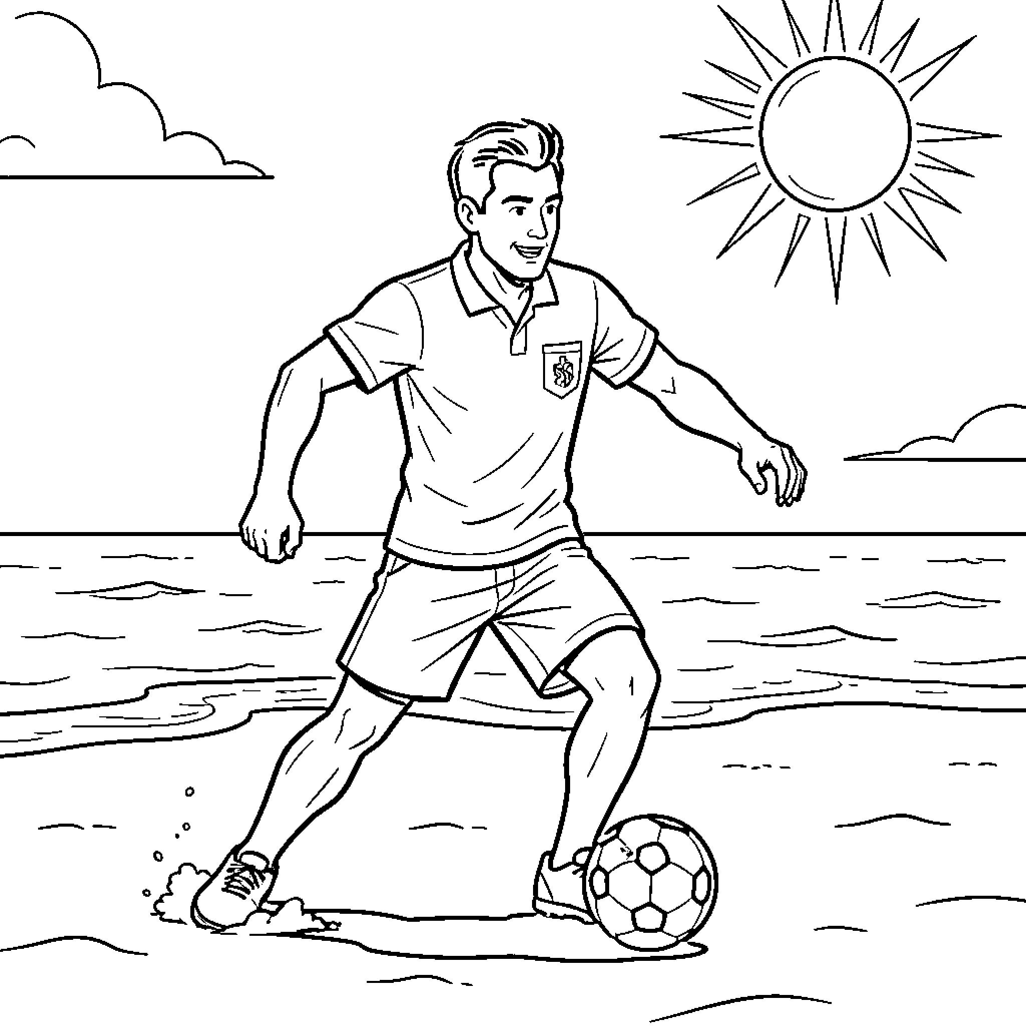 Barman playing soccer on a sunny beach Coloring Page (free black-and-white line drawing printable PDF for all, from beginners to advanced learners, including children, teens, adults, and seniors)