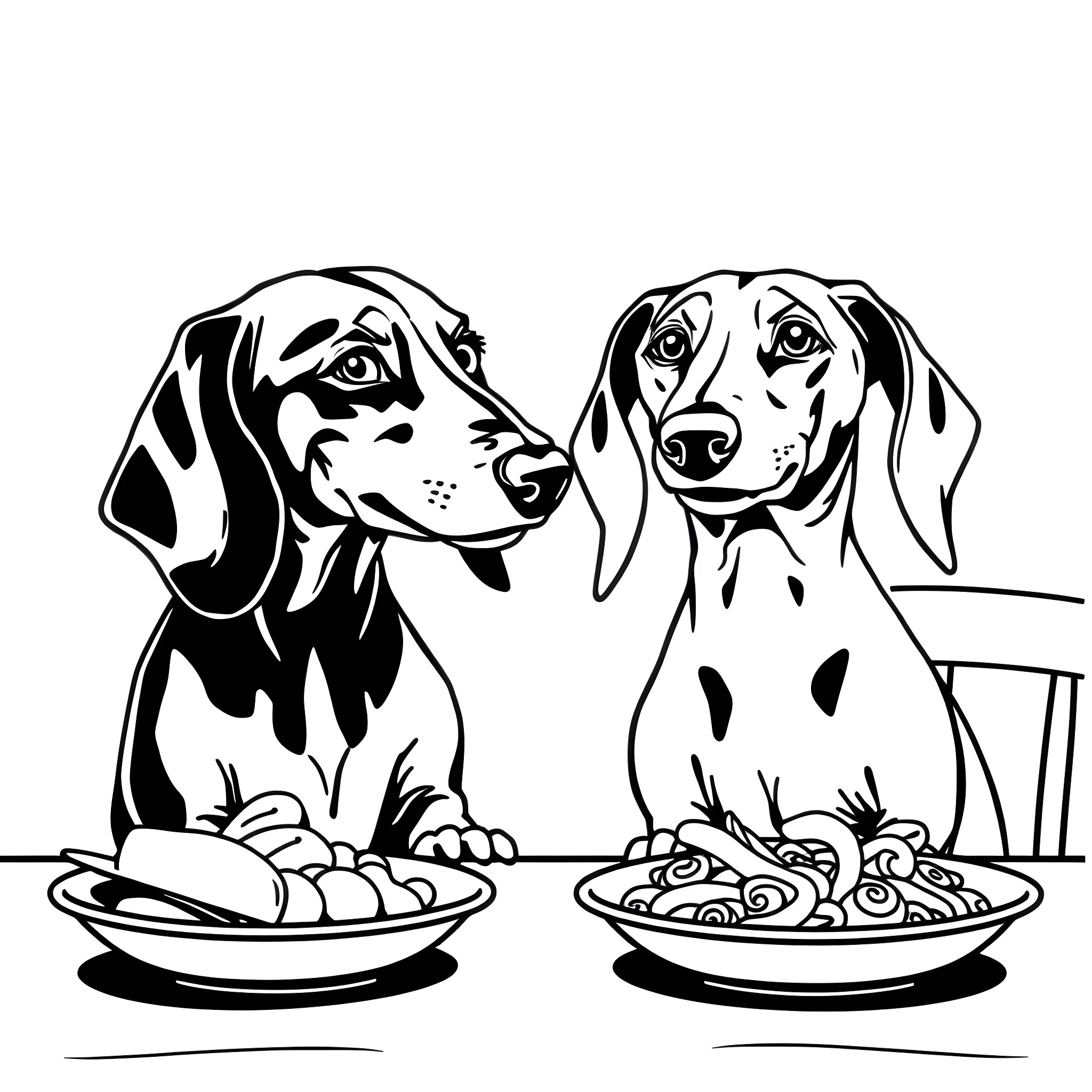 Dachshund dogs enjoying a tasty meal together Coloring Page (free black-and-white line drawing printable PDF for all, from beginners to advanced learners, including children, teens, adults, and seniors)