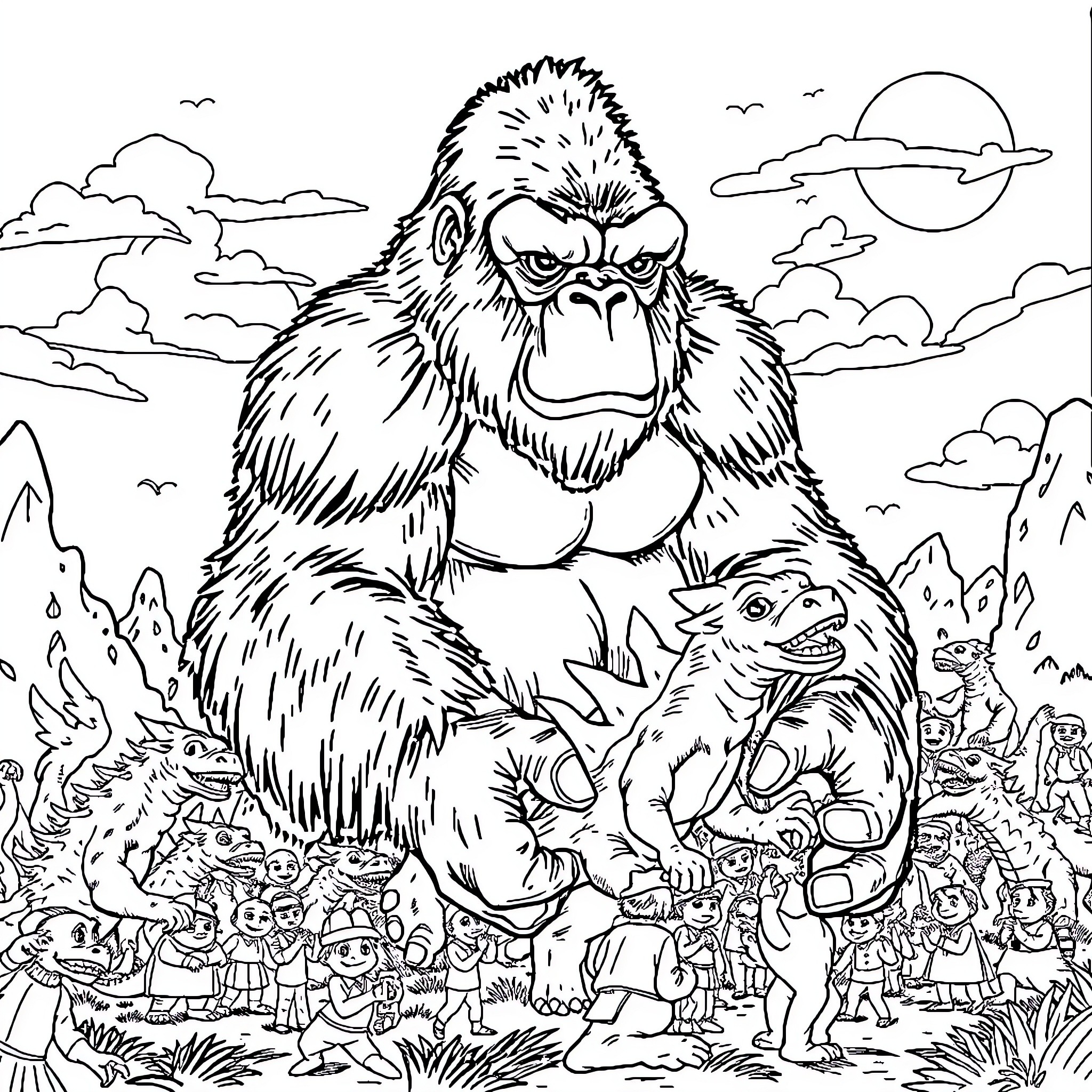 King Kong confronting a fearsome dinosaur in the wild Coloring Page (free black-and-white line drawing printable PDF for all, from beginners to advanced learners, including children, teens, adults, and seniors)