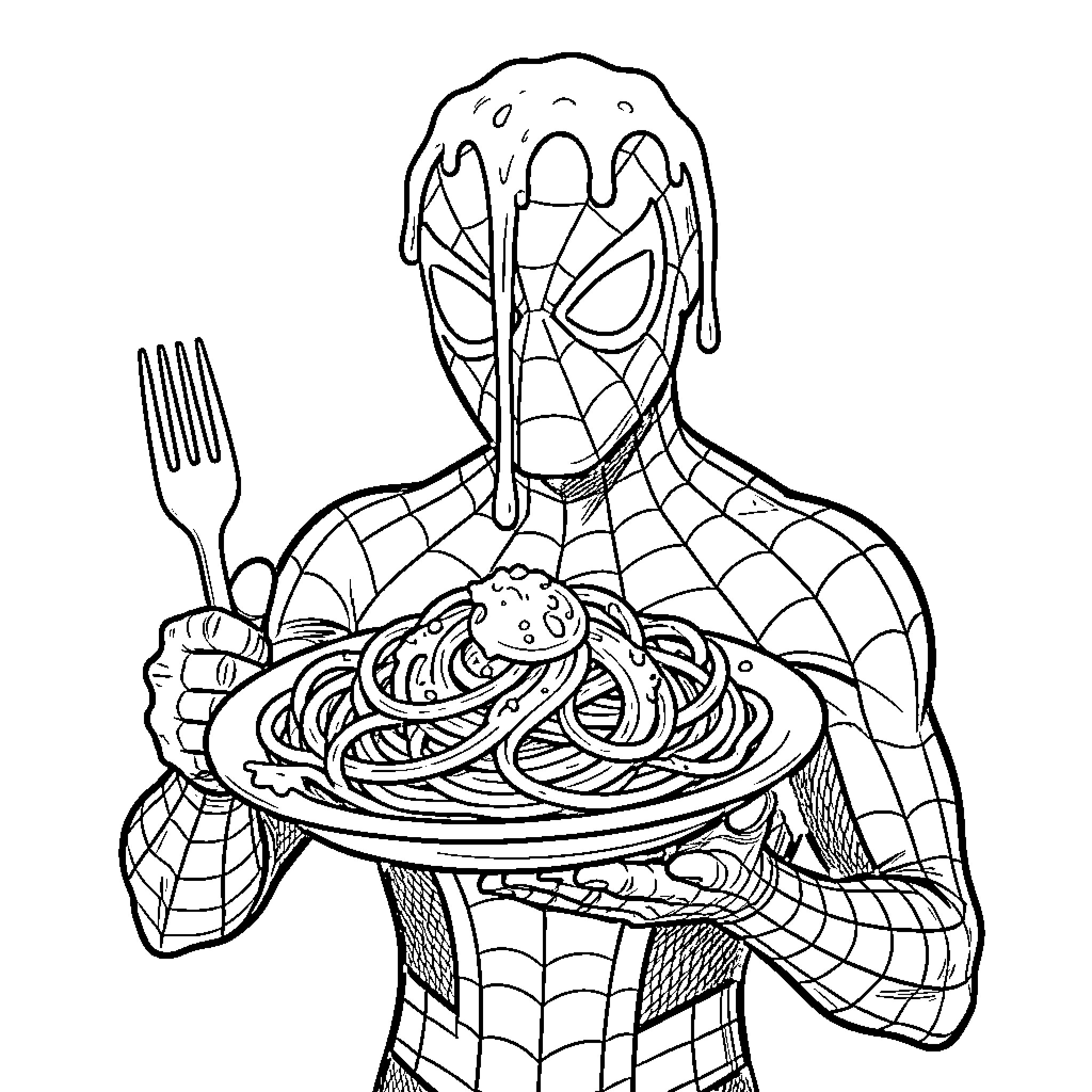 Spiderman holding a large plate of spaghetti Coloring Page (free black-and-white line drawing printable PDF for all, from beginners to advanced learners, including children, teens, adults, and seniors)