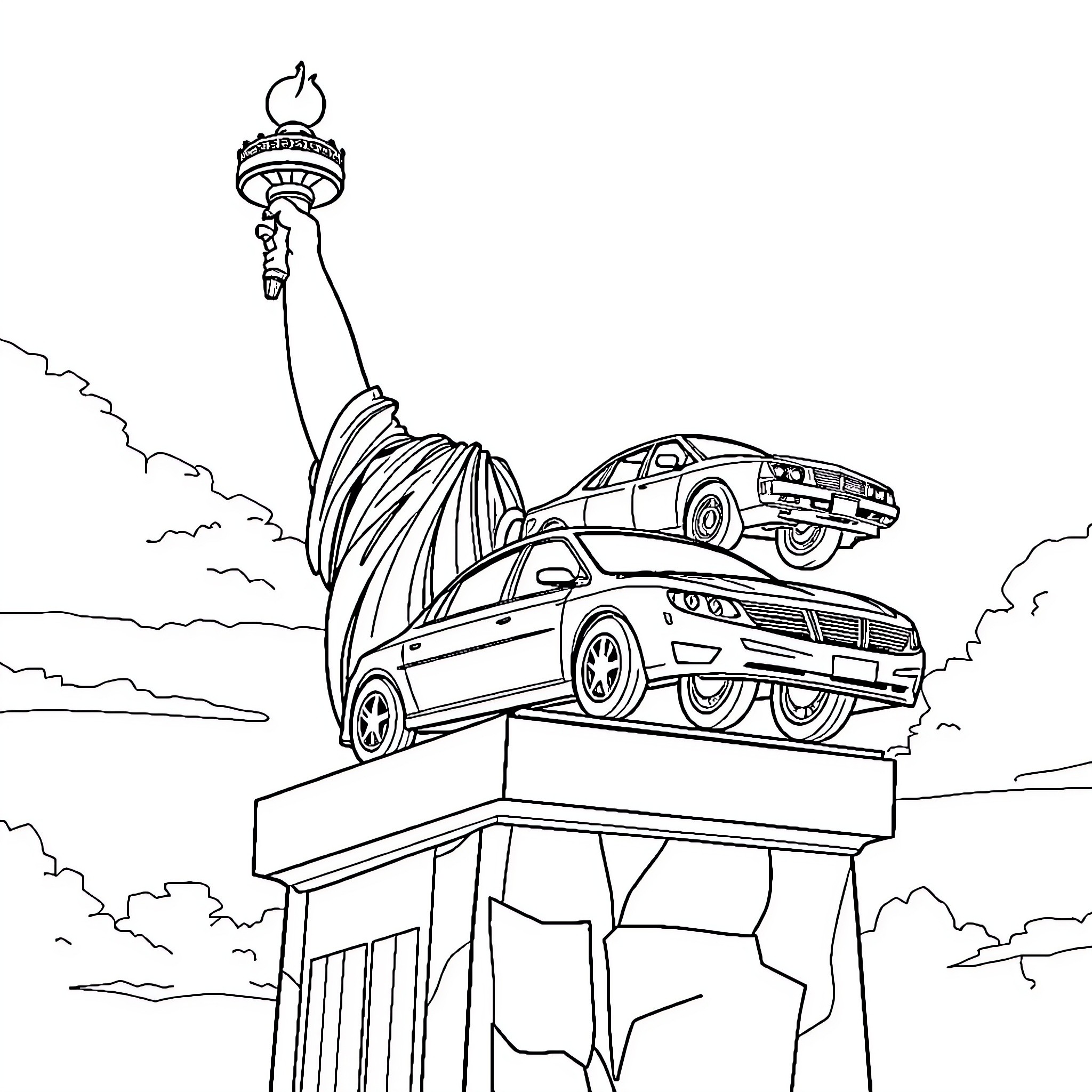 Car sculptures on a pedestal with Statue of Liberty Coloring Page (free black-and-white line drawing printable PDF for all, from beginners to advanced learners, including children, teens, adults, and seniors)