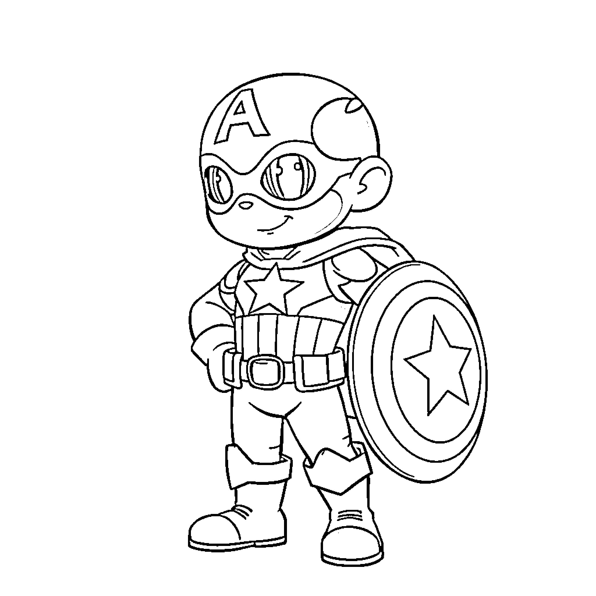 Bluey as Captain America in action pose Coloring Page (free black-and-white line drawing printable PDF for all, from beginners to advanced learners, including children, teens, adults, and seniors)