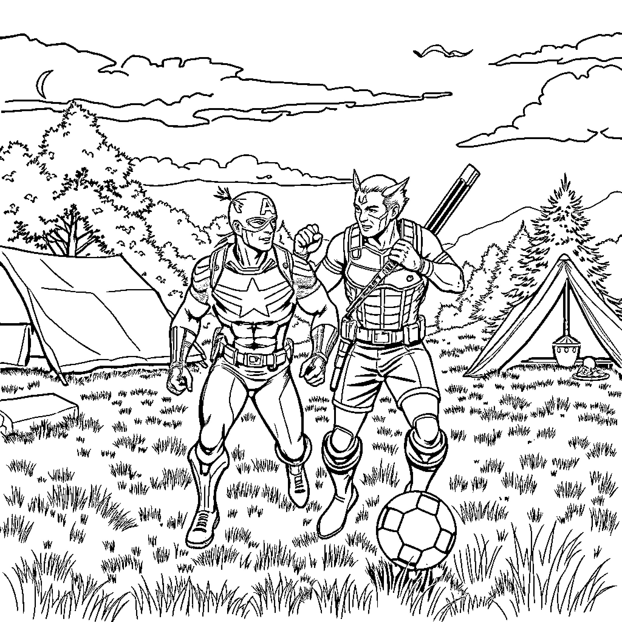 Captain America and Falcon in Outdoor Adventure Coloring Page (free black-and-white line drawing printable PDF for all, from beginners to advanced learners, including children, teens, adults, and seniors)