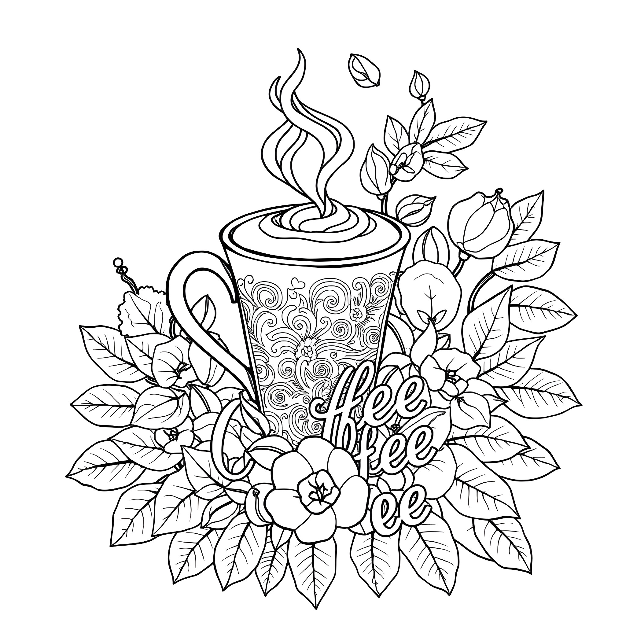Coffee with Floral Decor Coloring Page (free black-and-white line drawing printable PDF for all, from beginners to advanced learners, including children, teens, adults, and seniors)