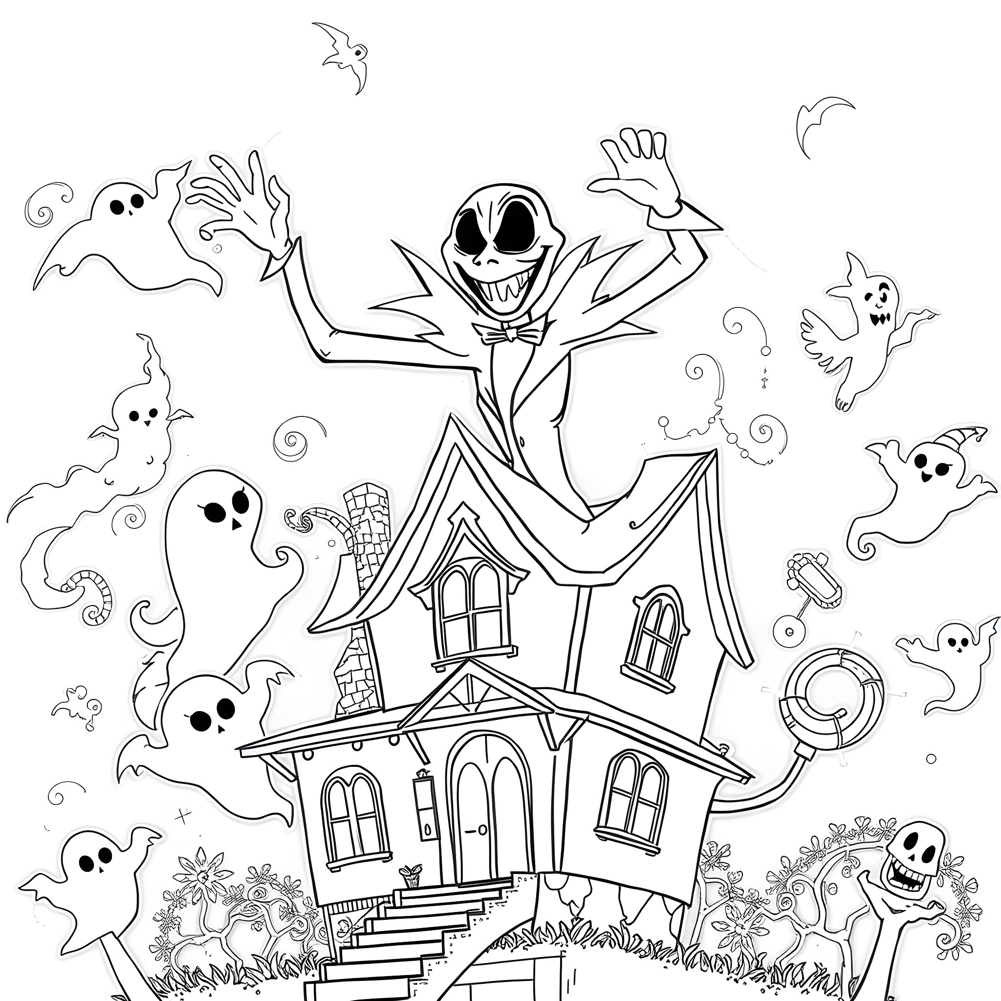 Beetlejuice character in a haunted house with ghostly figures Coloring Page (free black-and-white line drawing printable PDF for all, from beginners to advanced learners, including children, teens, adults, and seniors)