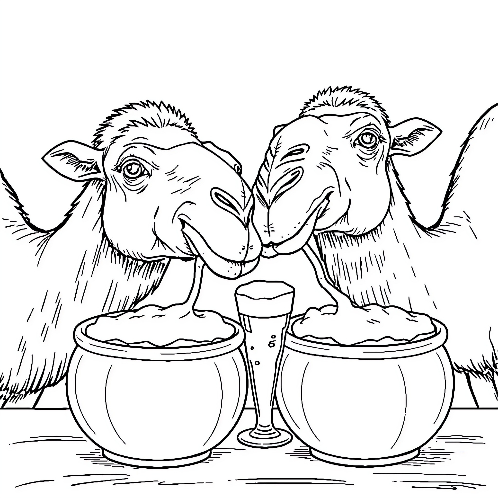 Camel friends enjoying a refreshing drink Coloring Page (free black-and-white line drawing printable PDF for all, from beginners to advanced learners, including children, teens, adults, and seniors)