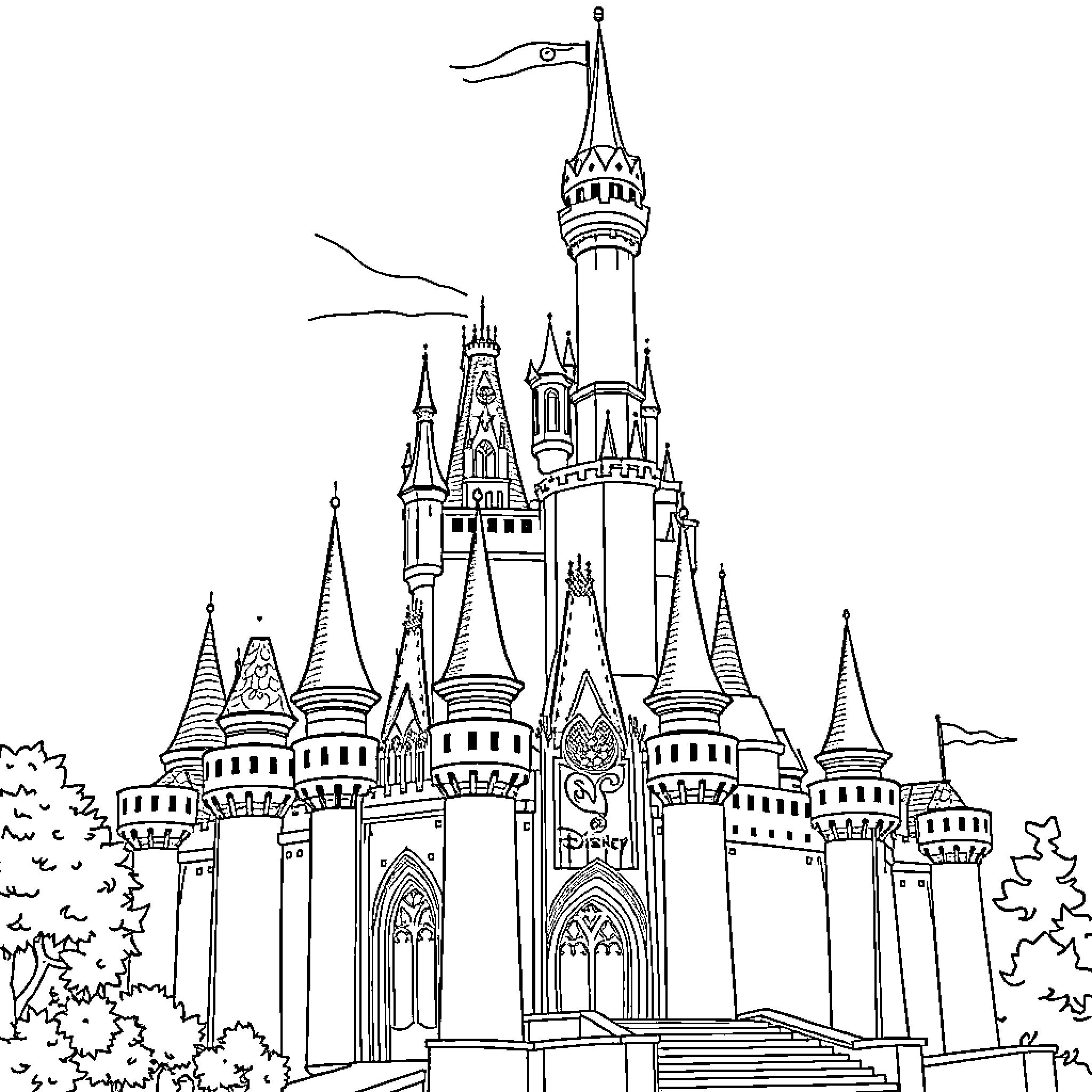 Castle of fantasy architecture and spires Coloring Page (free black-and-white line drawing printable PDF for all, from beginners to advanced learners, including children, teens, adults, and seniors)