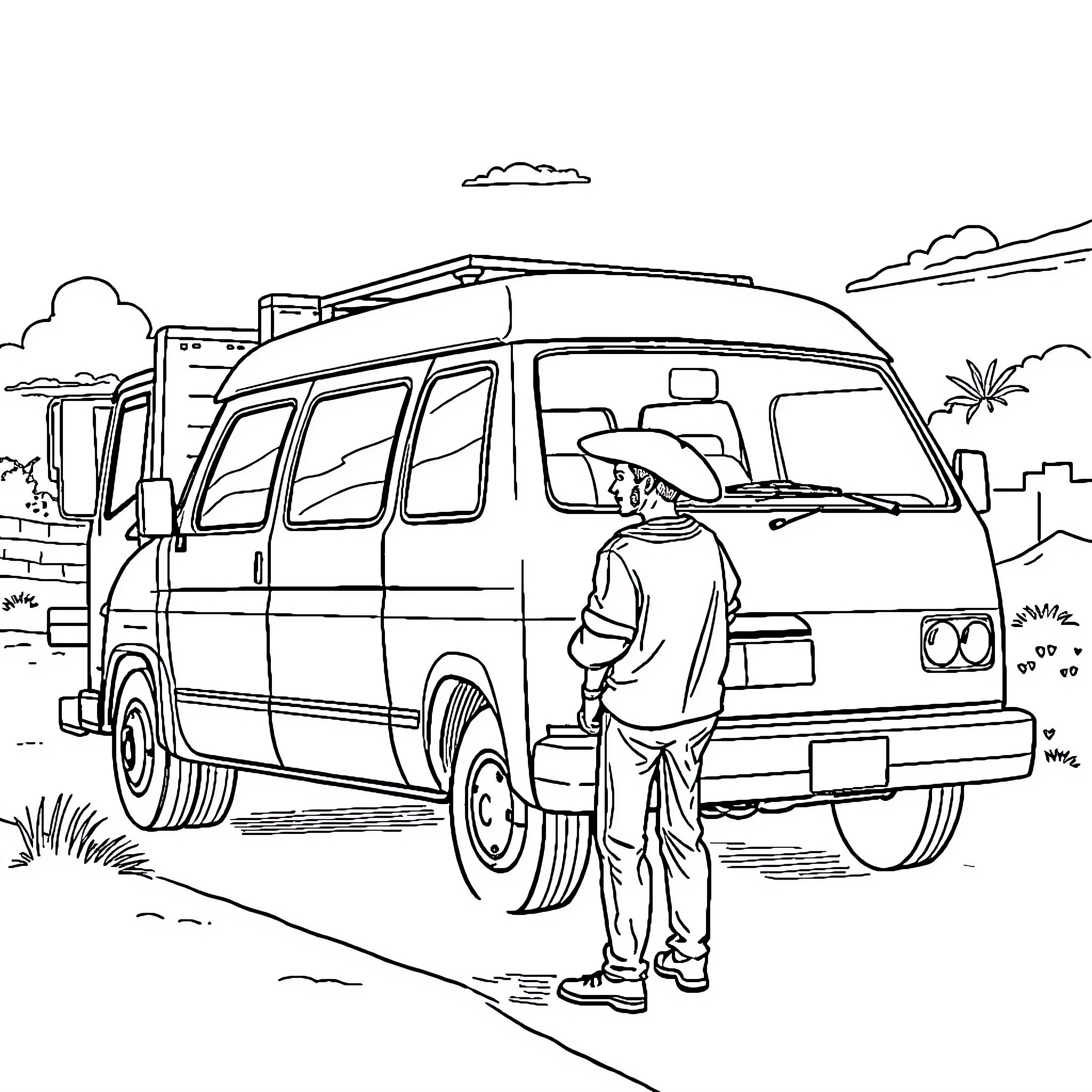 Minivan parked in a scenic outdoor setting Coloring Page (free black-and-white line drawing printable PDF for all, from beginners to advanced learners, including children, teens, adults, and seniors)