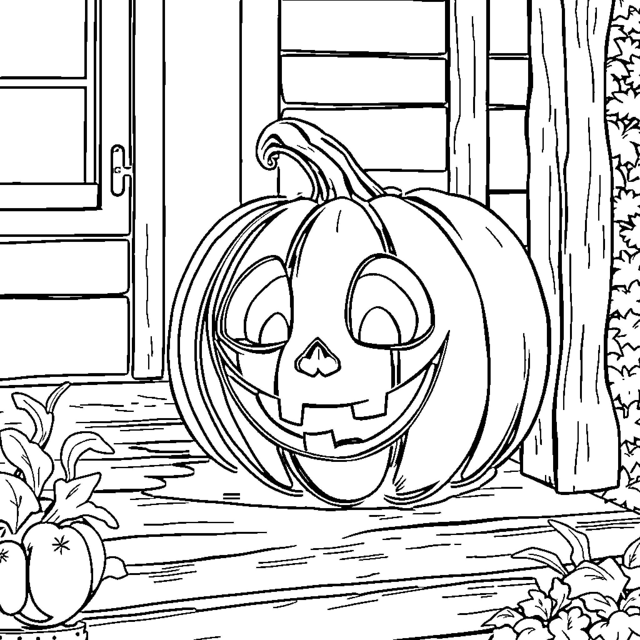 Pumpkin carved with a happy expression on a porch Coloring Page (free black-and-white line drawing printable PDF for all, from beginners to advanced learners, including children, teens, adults, and seniors)