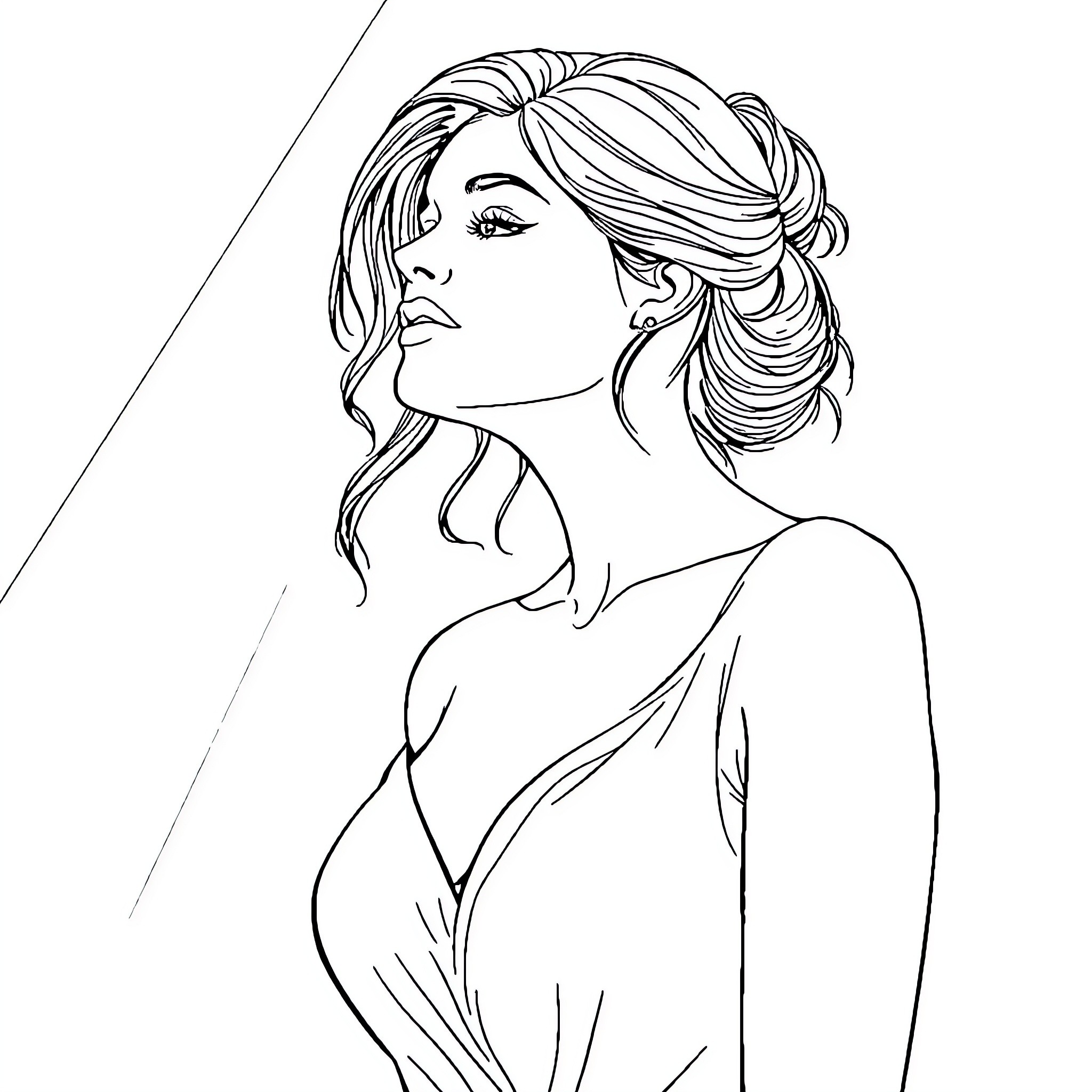 Woman in Elegant Pose with Flowing Hair Coloring Page (free black-and-white line drawing printable PDF for all, from beginners to advanced learners, including children, teens, adults, and seniors)