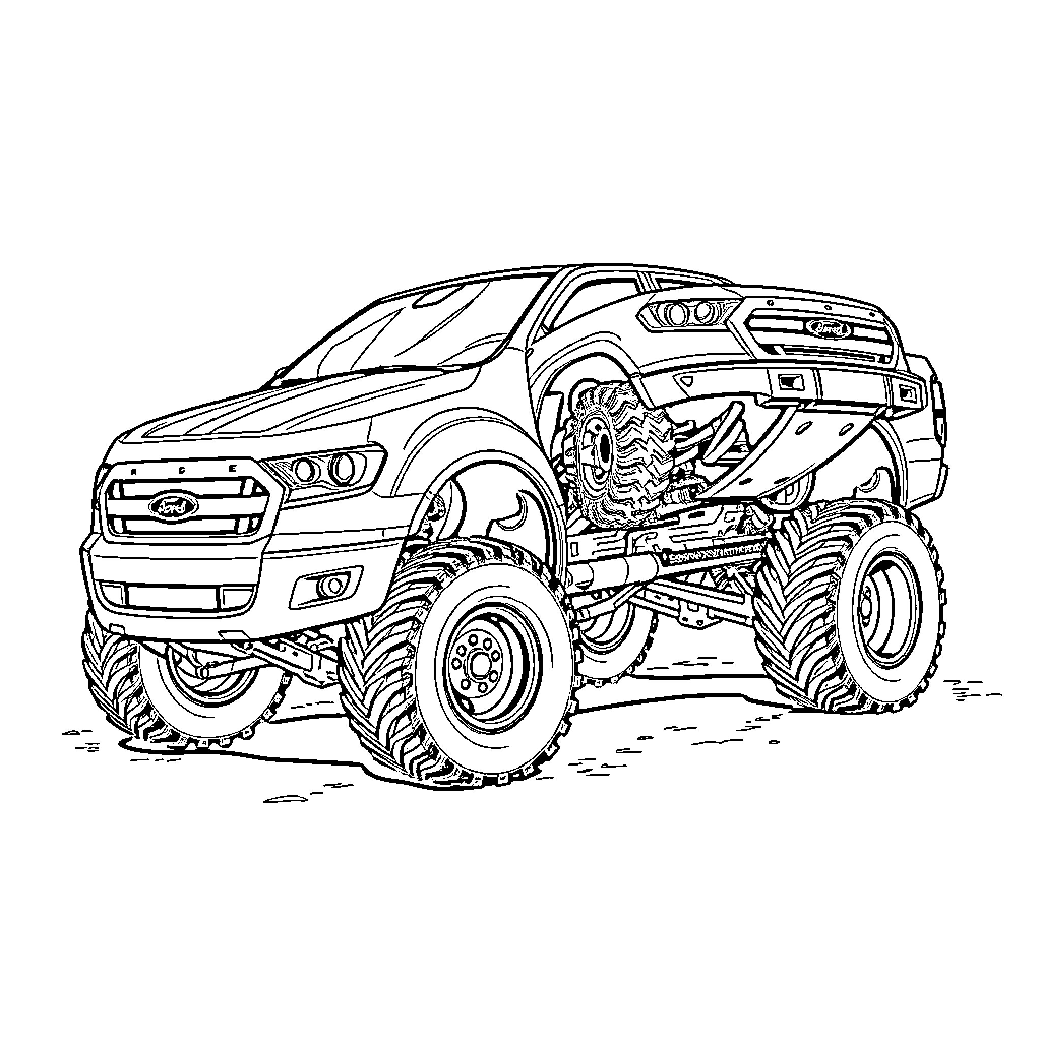 Monster Truck Crushing Obstacles on the Road Coloring Page (free black-and-white line drawing printable PDF for all, from beginners to advanced learners, including children, teens, adults, and seniors)