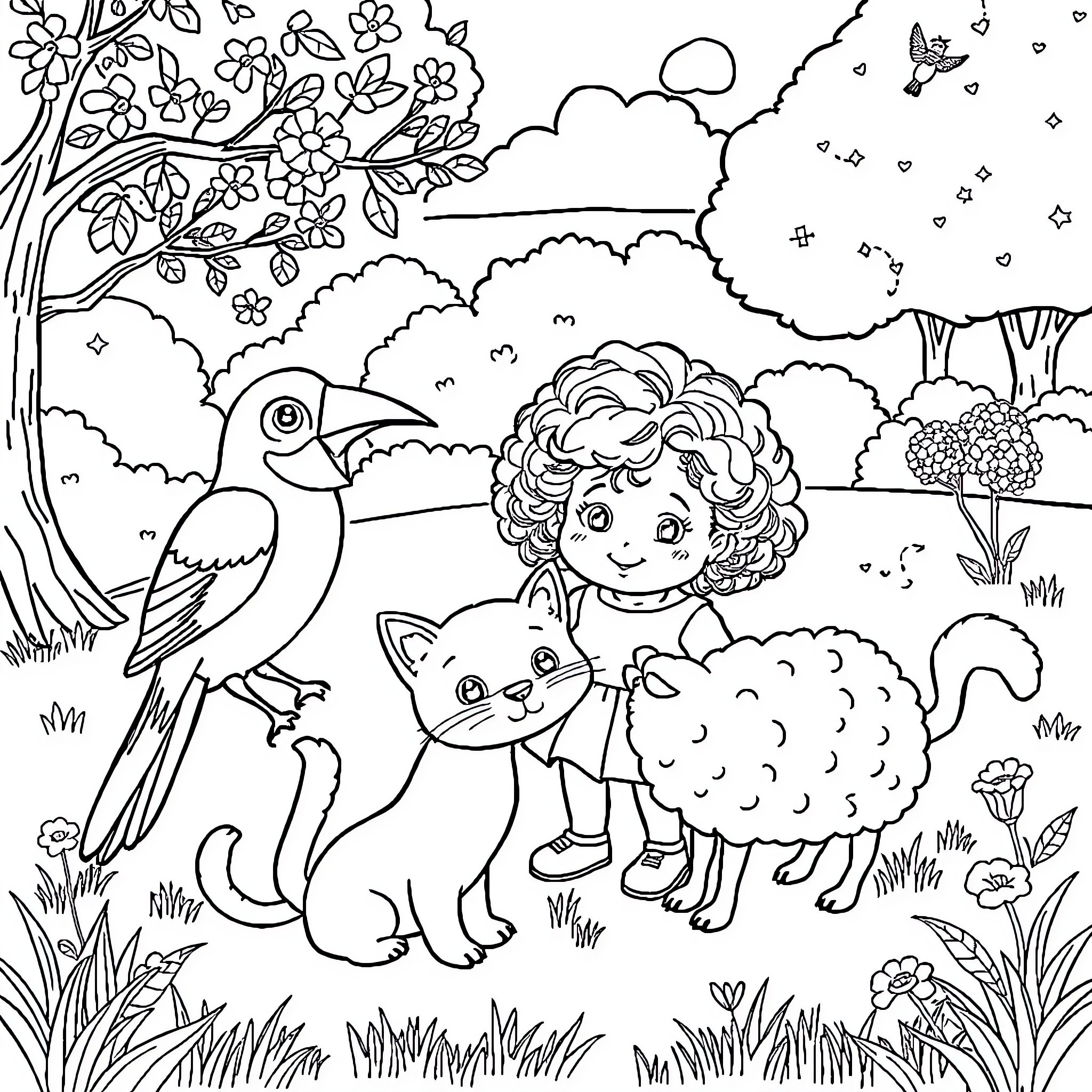 Bird, girl, and animals playing in the forest Coloring Page (free black-and-white line drawing printable PDF for all, from beginners to advanced learners, including children, teens, adults, and seniors)