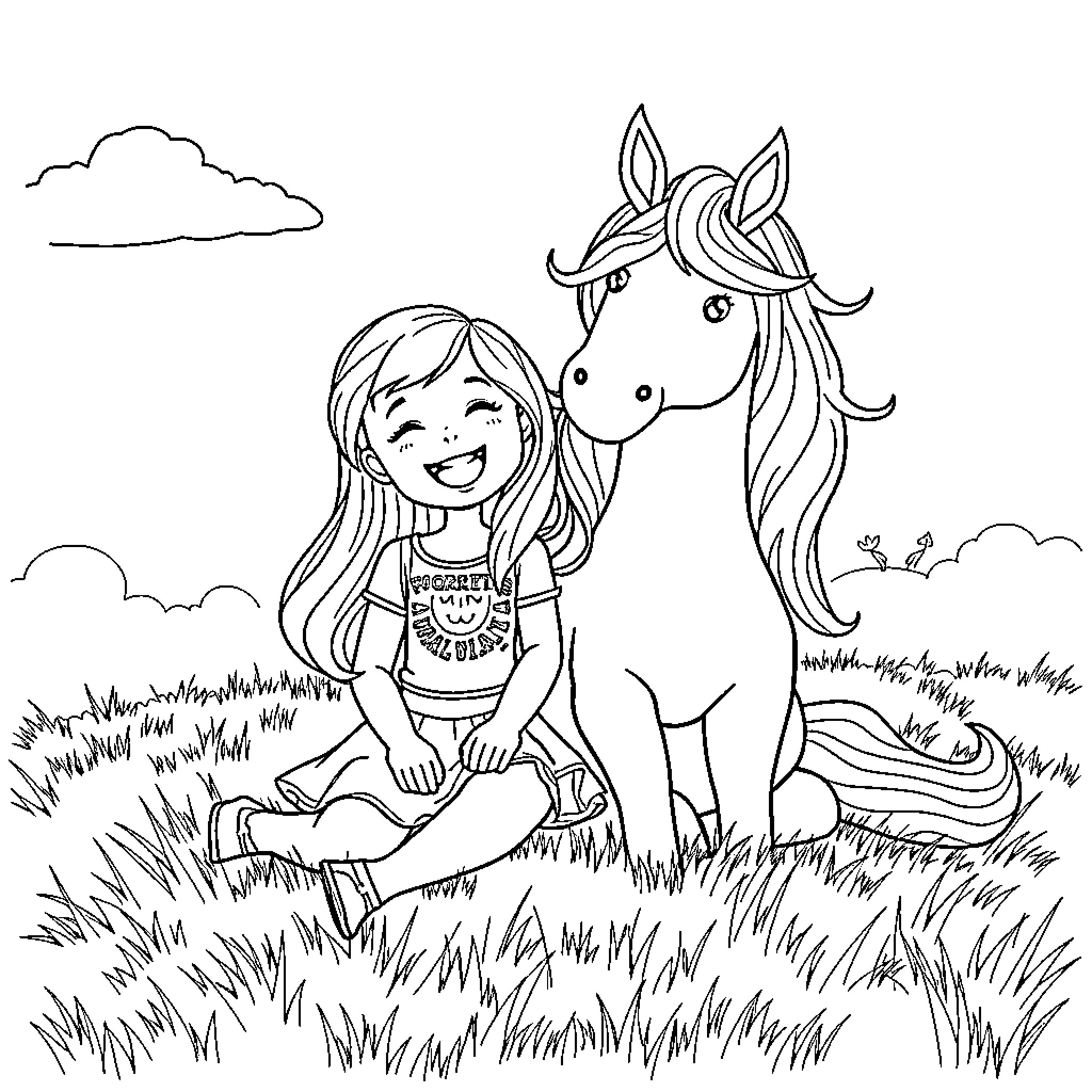 Girl playing cheerfully with horse in the field Coloring Page (free black-and-white line drawing printable PDF for all, from beginners to advanced learners, including children, teens, adults, and seniors)