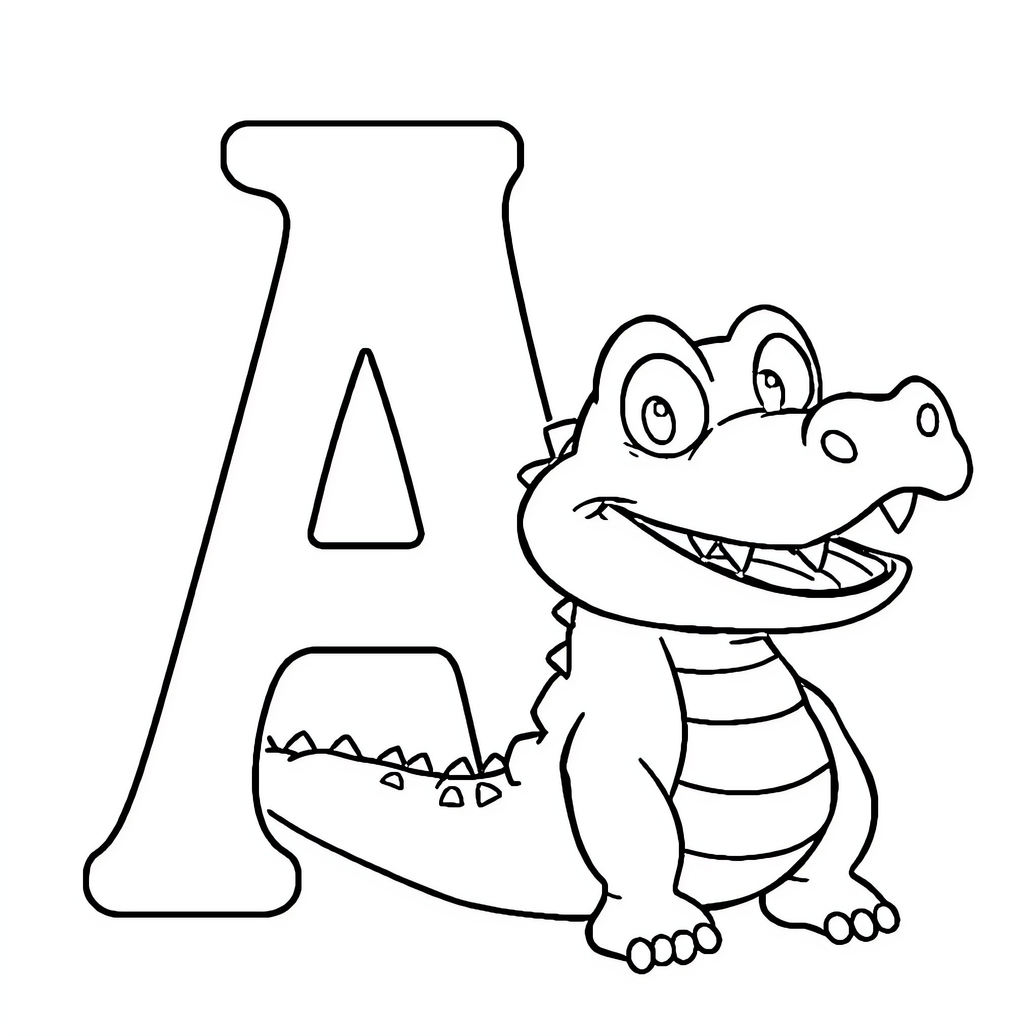 Alligator alphabet character in black and white Coloring Page (free black-and-white line drawing printable PDF for all, from beginners to advanced learners, including children, teens, adults, and seniors)