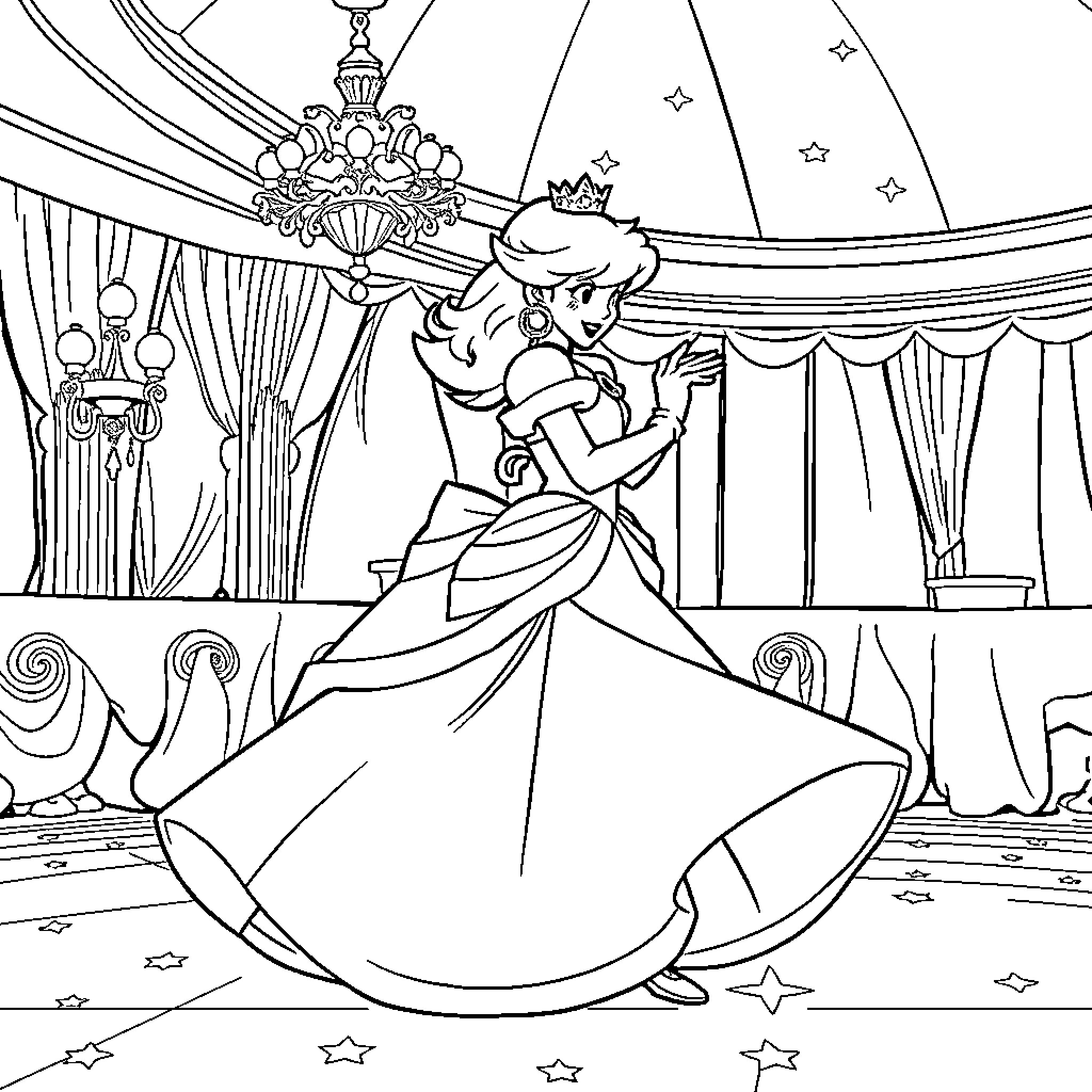 Princess Gracefully Dancing on the Stage Coloring Page (free black-and-white line drawing printable PDF for all, from beginners to advanced learners, including children, teens, adults, and seniors)