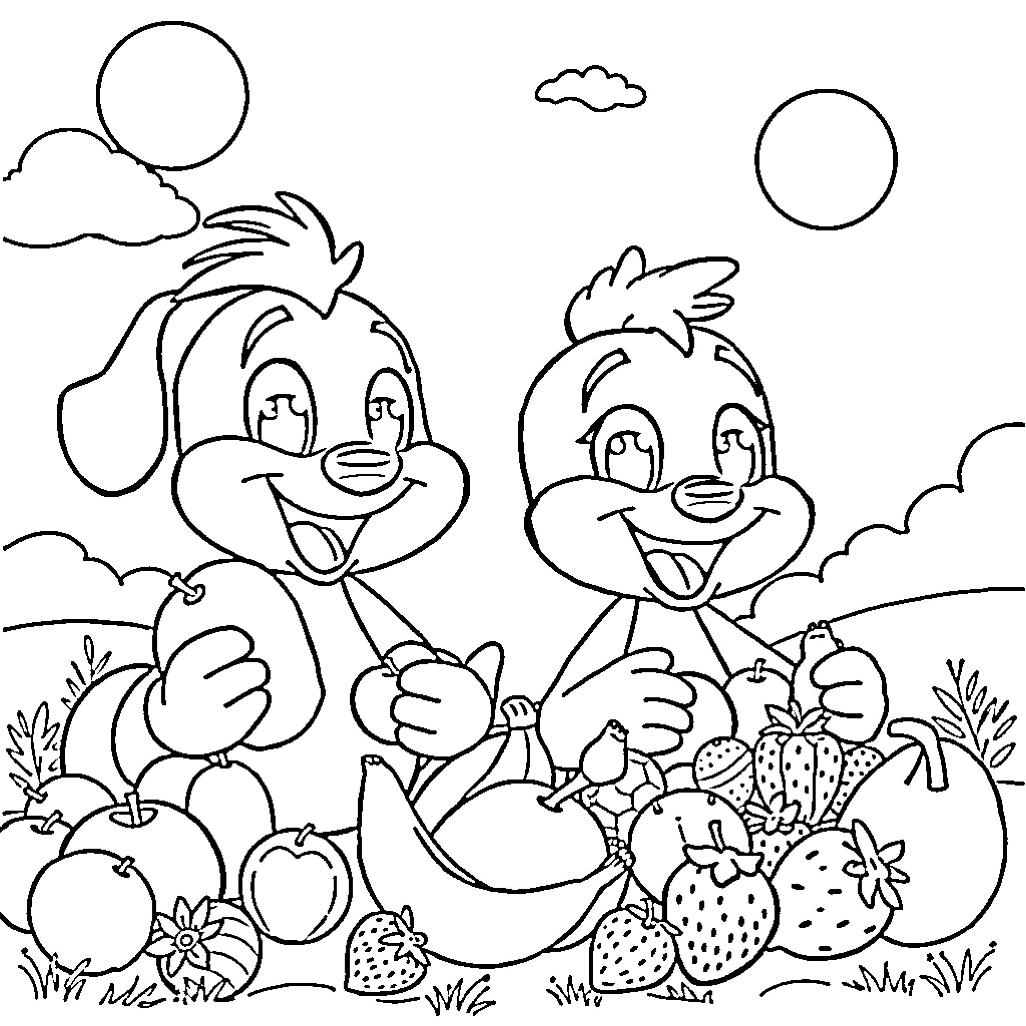 Bluey and friends enjoying the outdoors Coloring Page (free black-and-white line drawing printable PDF for all, from beginners to advanced learners, including children, teens, adults, and seniors)