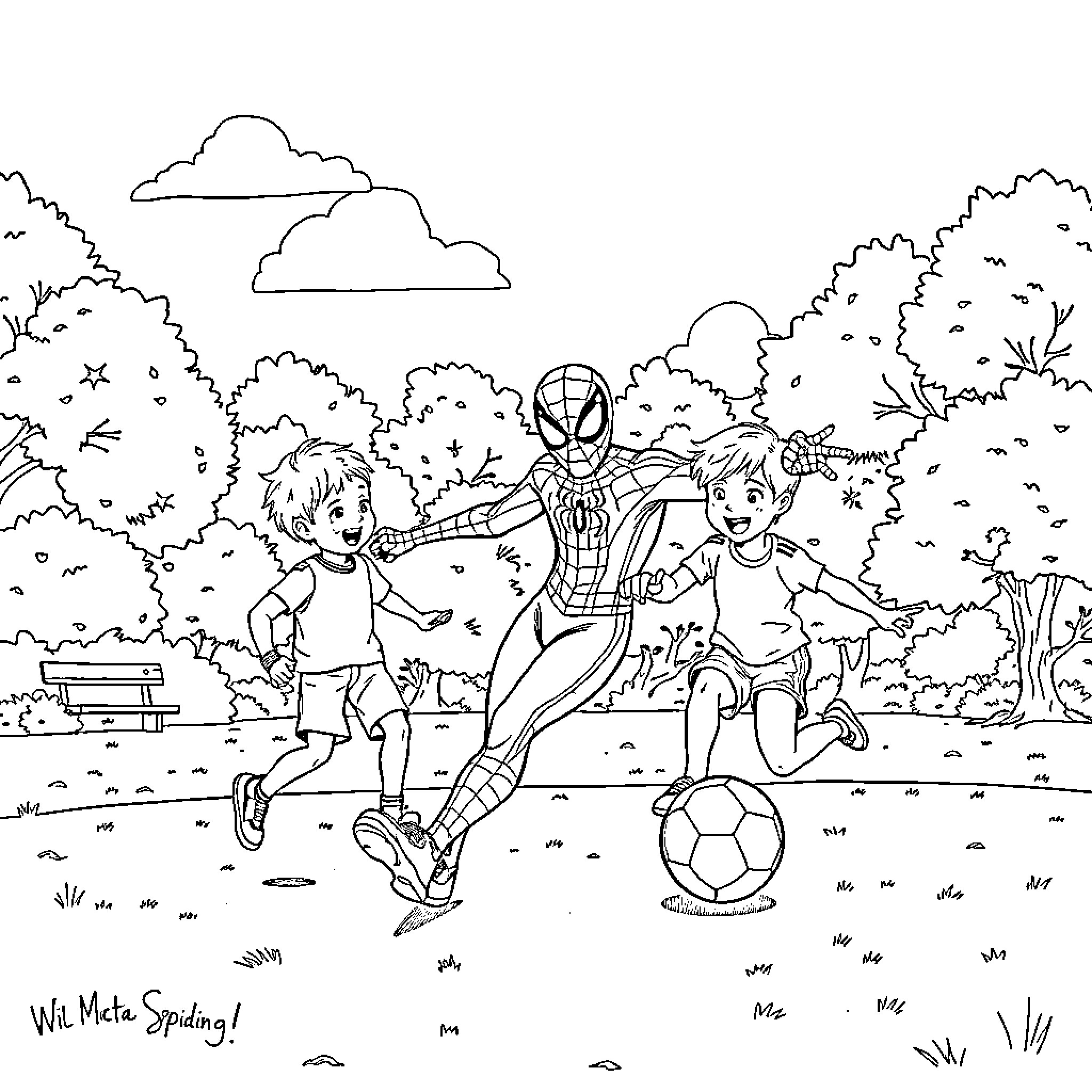 Spidey plays soccer with kids in the park Coloring Page (free black-and-white line drawing printable PDF for all, from beginners to advanced learners, including children, teens, adults, and seniors)