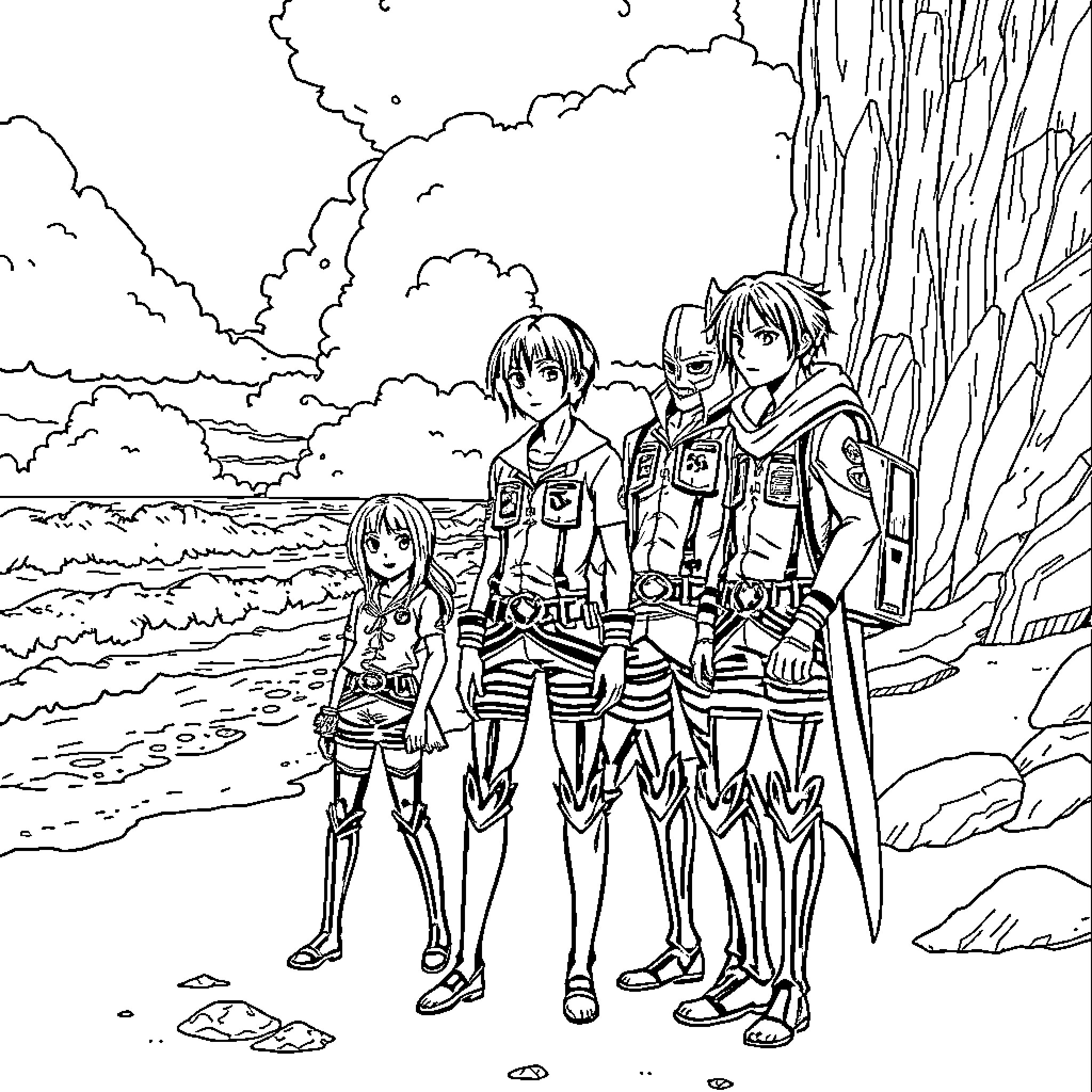 Attack on Titan: Cadets Ready for Deployment Coloring Page (free black-and-white line drawing printable PDF for all, from beginners to advanced learners, including children, teens, adults, and seniors)