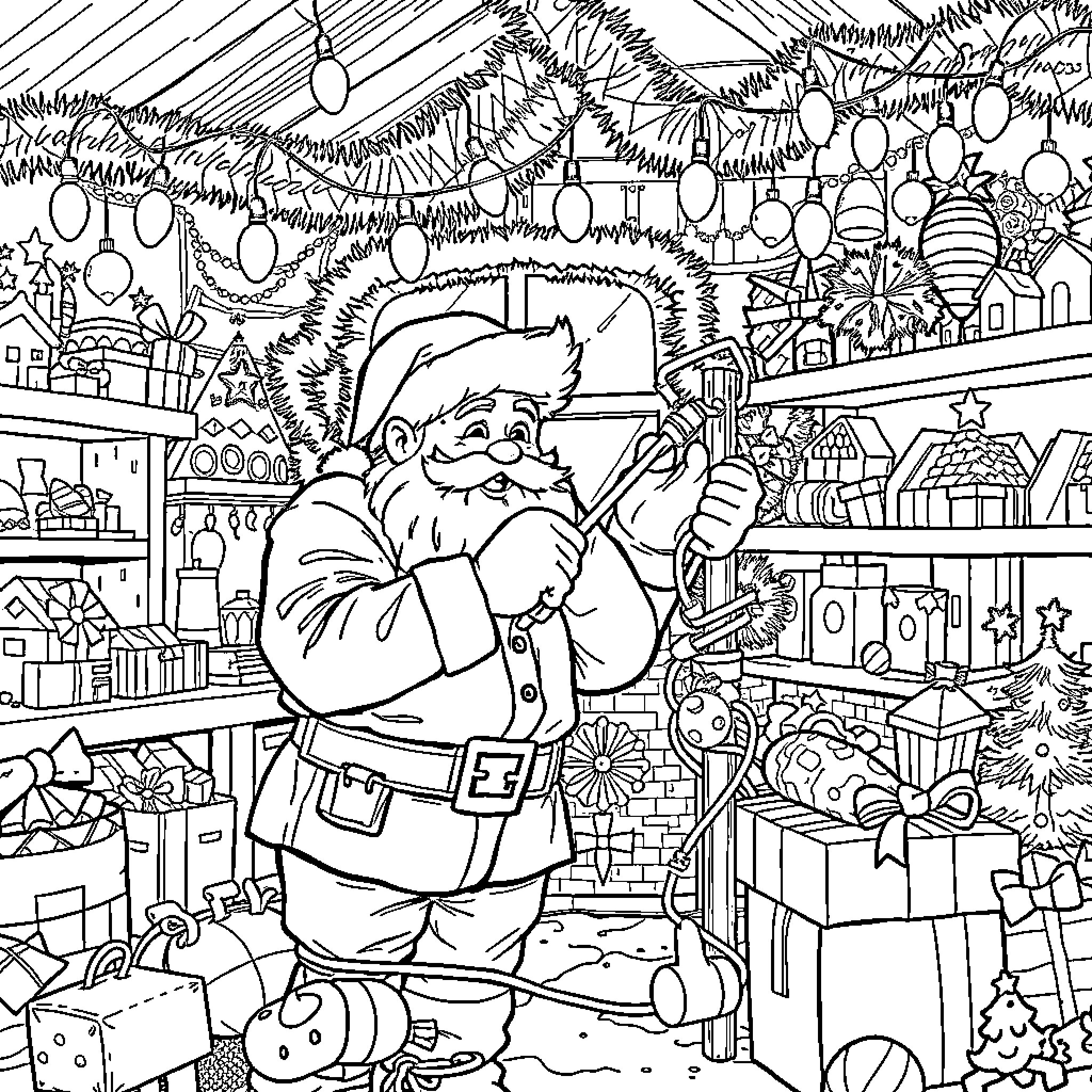 Electrician Santa Claus decorating a festive workshop Coloring Page (free black-and-white line drawing printable PDF for all, from beginners to advanced learners, including children, teens, adults, and seniors)