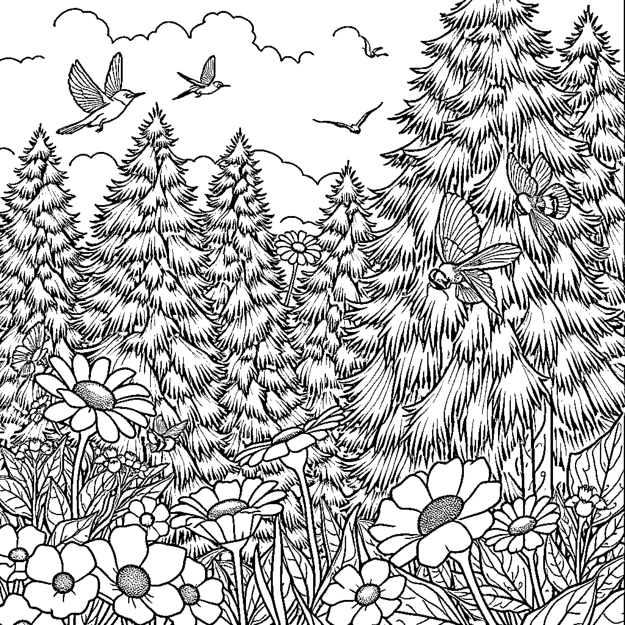 Bird soaring through enchanted forest scene Coloring Page (free black-and-white line drawing printable PDF for all, from beginners to advanced learners, including children, teens, adults, and seniors)