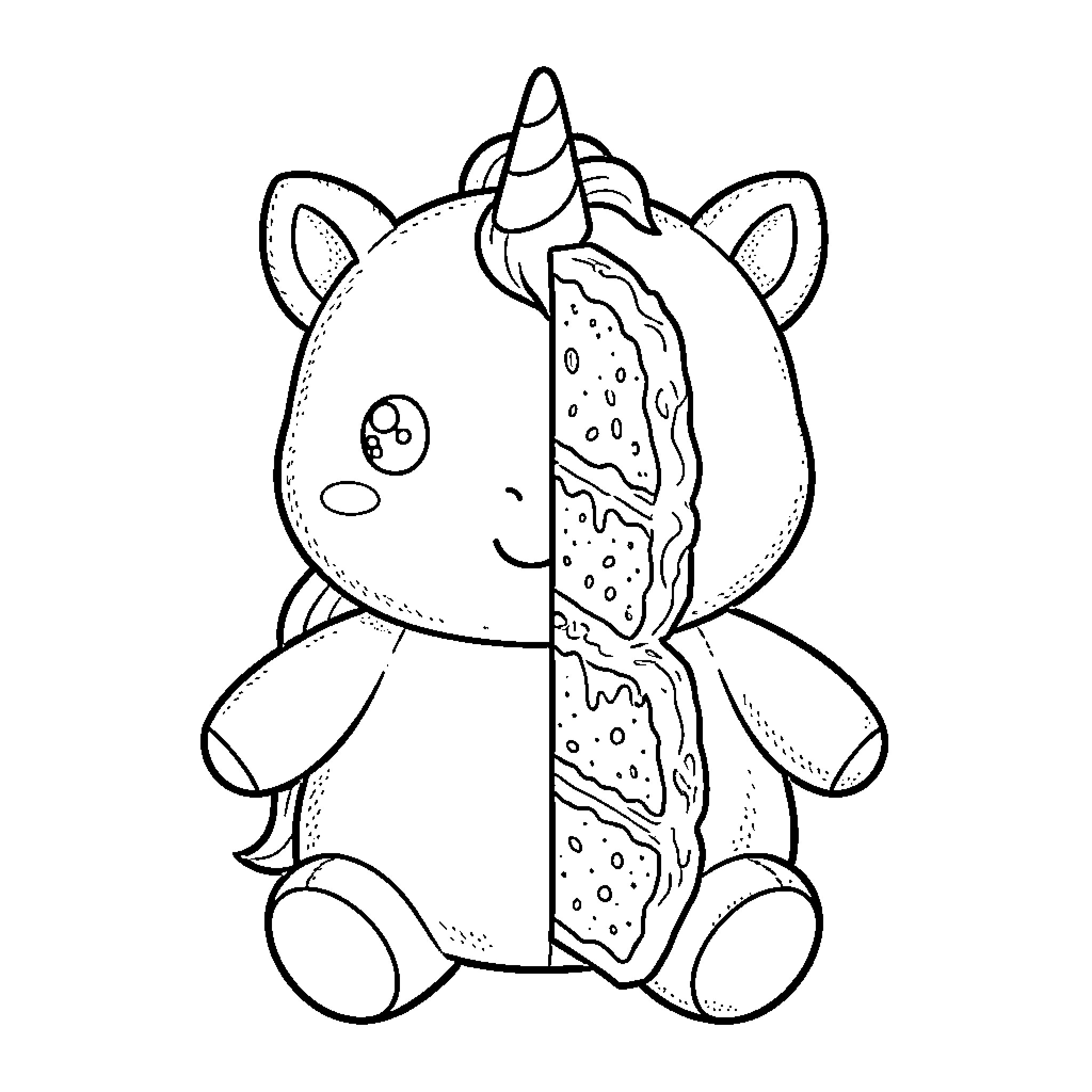Unicorn split in half showing a delicious layered cake Coloring Page (free black-and-white line drawing printable PDF for all, from beginners to advanced learners, including children, teens, adults, and seniors)