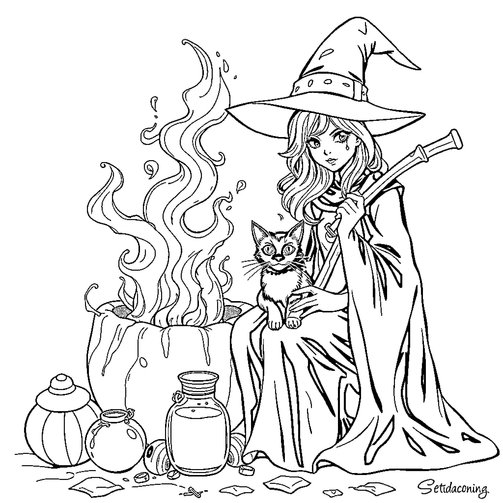 Witch casting spells with a cat Coloring Page (free black-and-white line drawing printable PDF for all, from beginners to advanced learners, including children, teens, adults, and seniors)