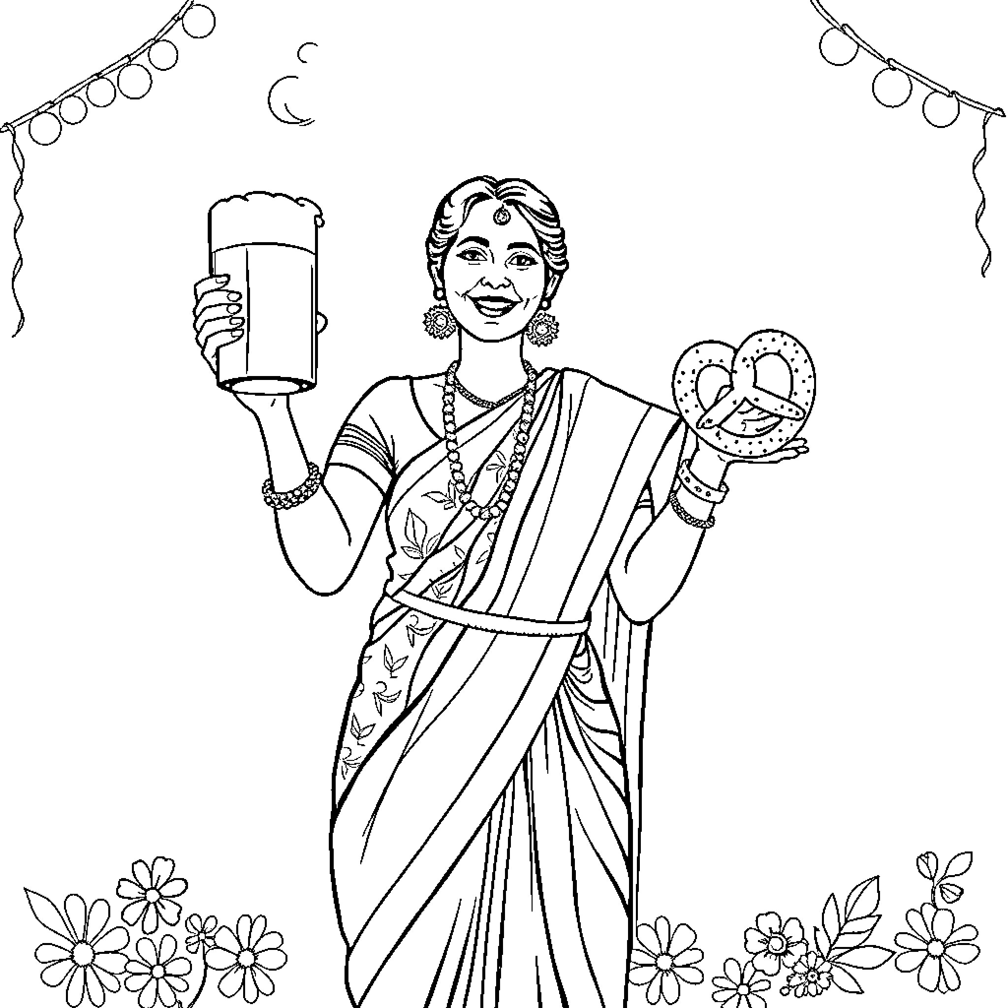 Woman celebrating with traditional food and accessories Coloring Page (free black-and-white line drawing printable PDF for all, from beginners to advanced learners, including children, teens, adults, and seniors)