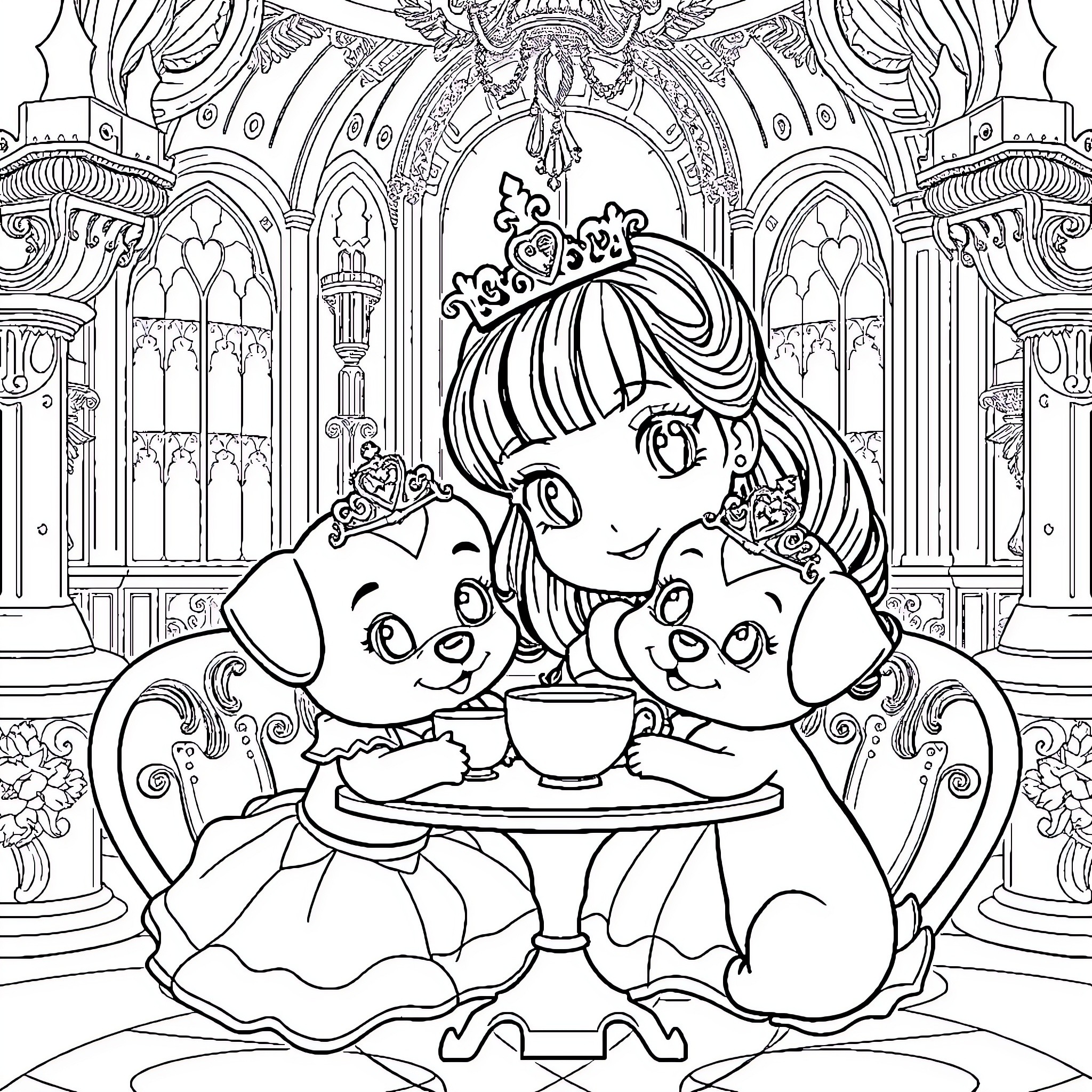 Princess and her Adorable Companions in a Lavish Setting Coloring Page (free black-and-white line drawing printable PDF for all, from beginners to advanced learners, including children, teens, adults, and seniors)